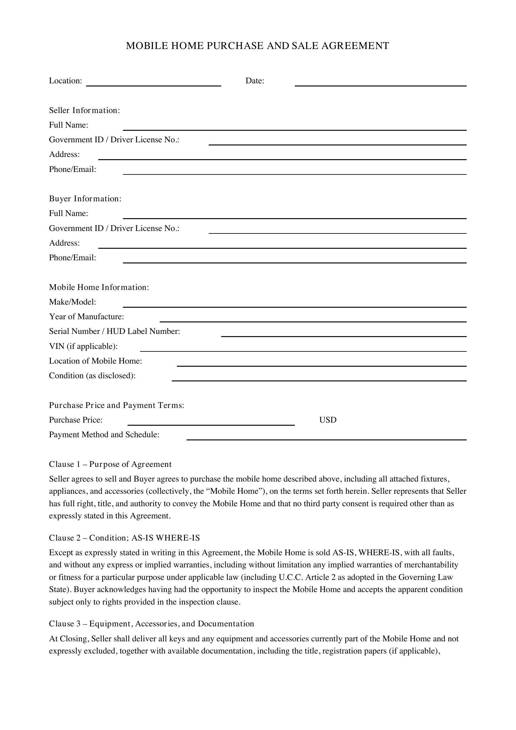Mobile Home Purchase Agreement Template - US