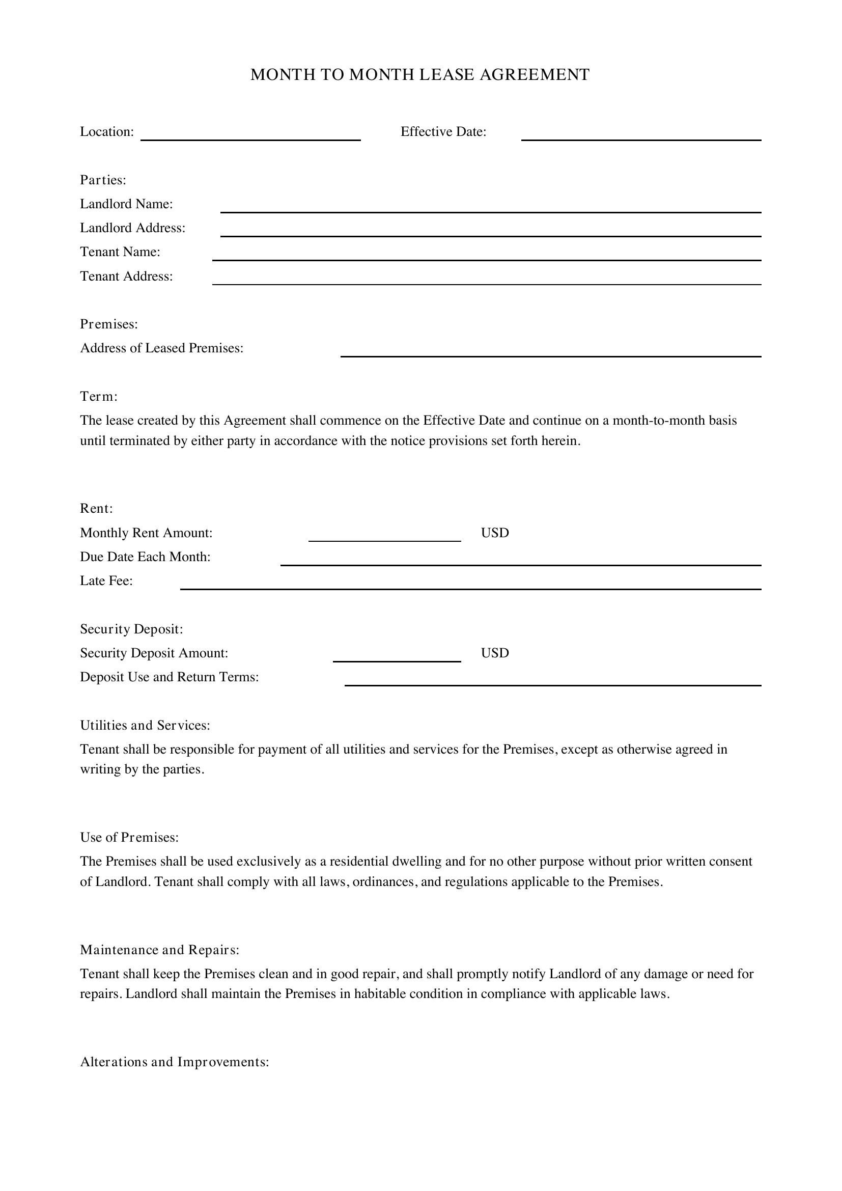 Month To Month Lease Agreement Template - US