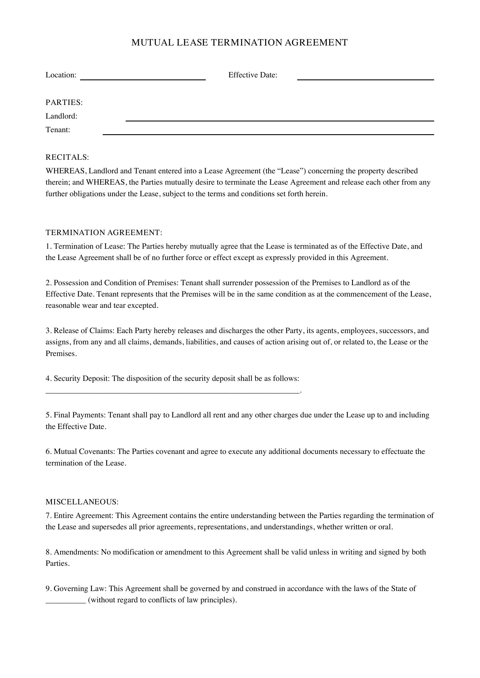 Mutual Lease Termination Agreement Template - US