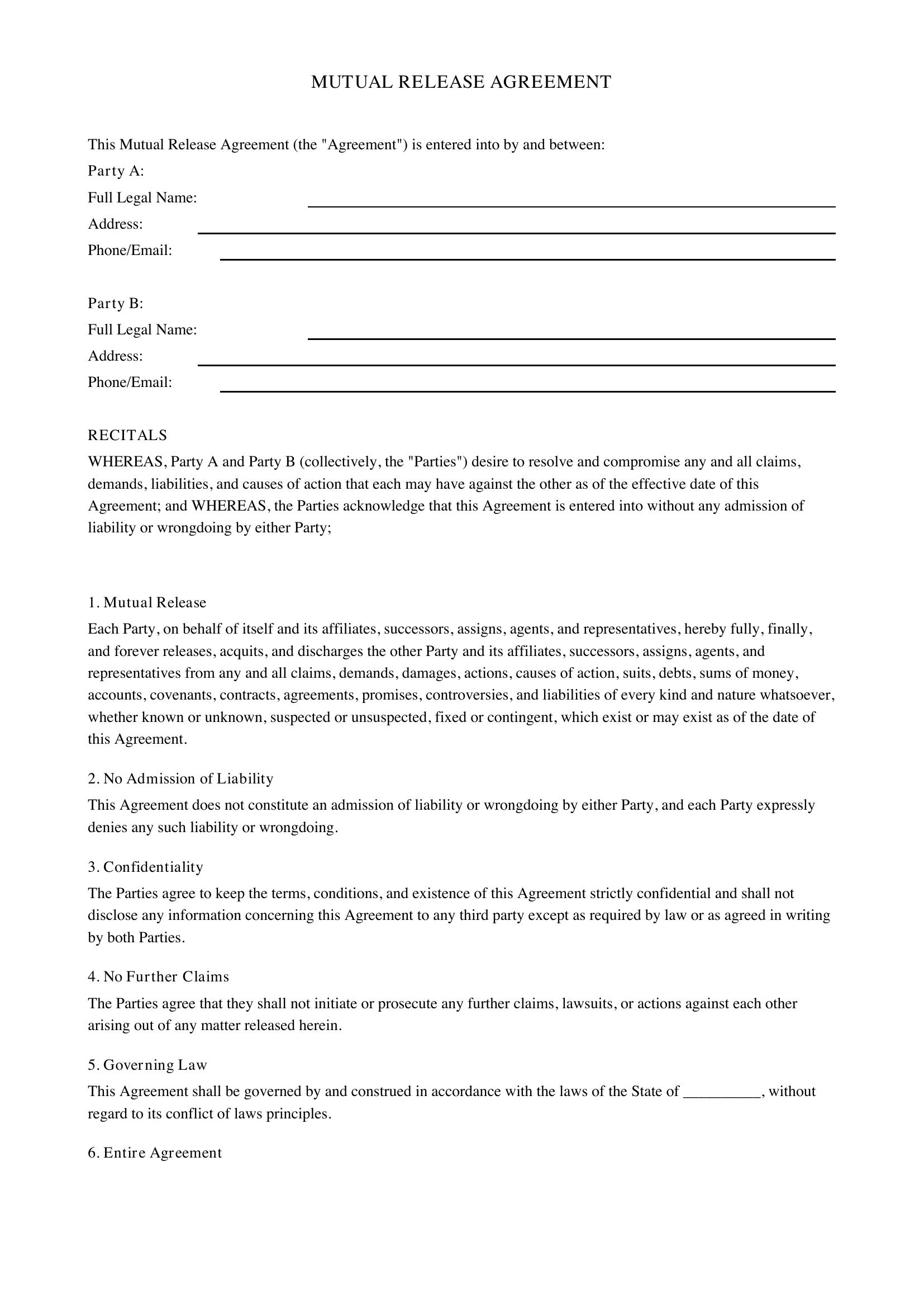 Mutual Release Agreement Template - US