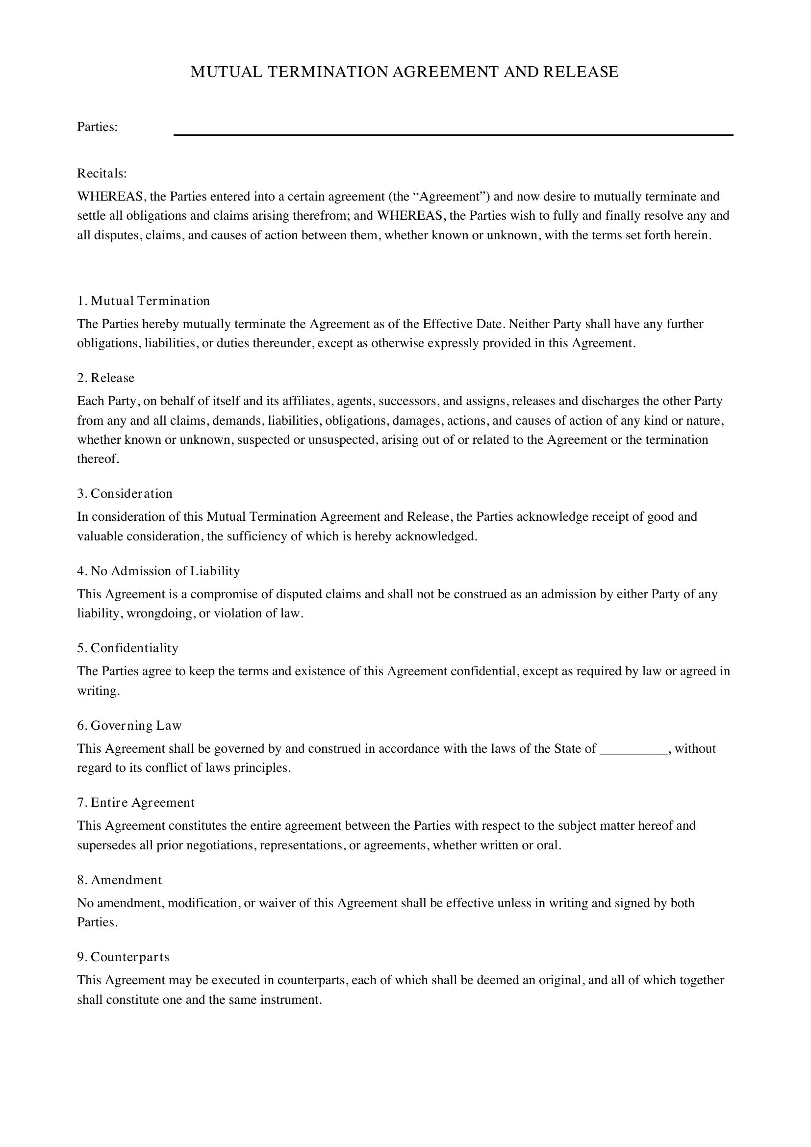 Mutual Termination Agreement And Release Template - US