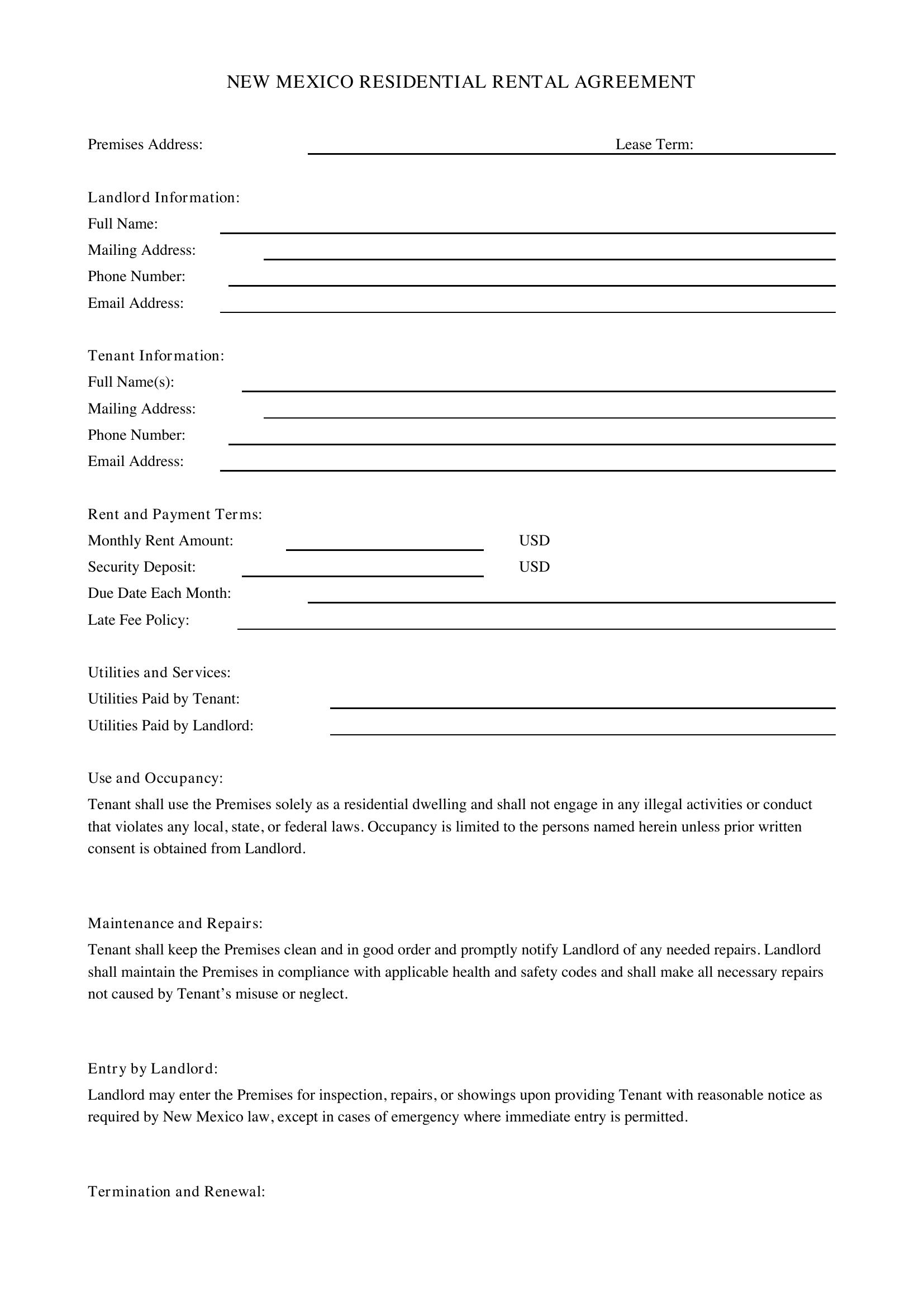 New Mexico Rental Agreement Template - US