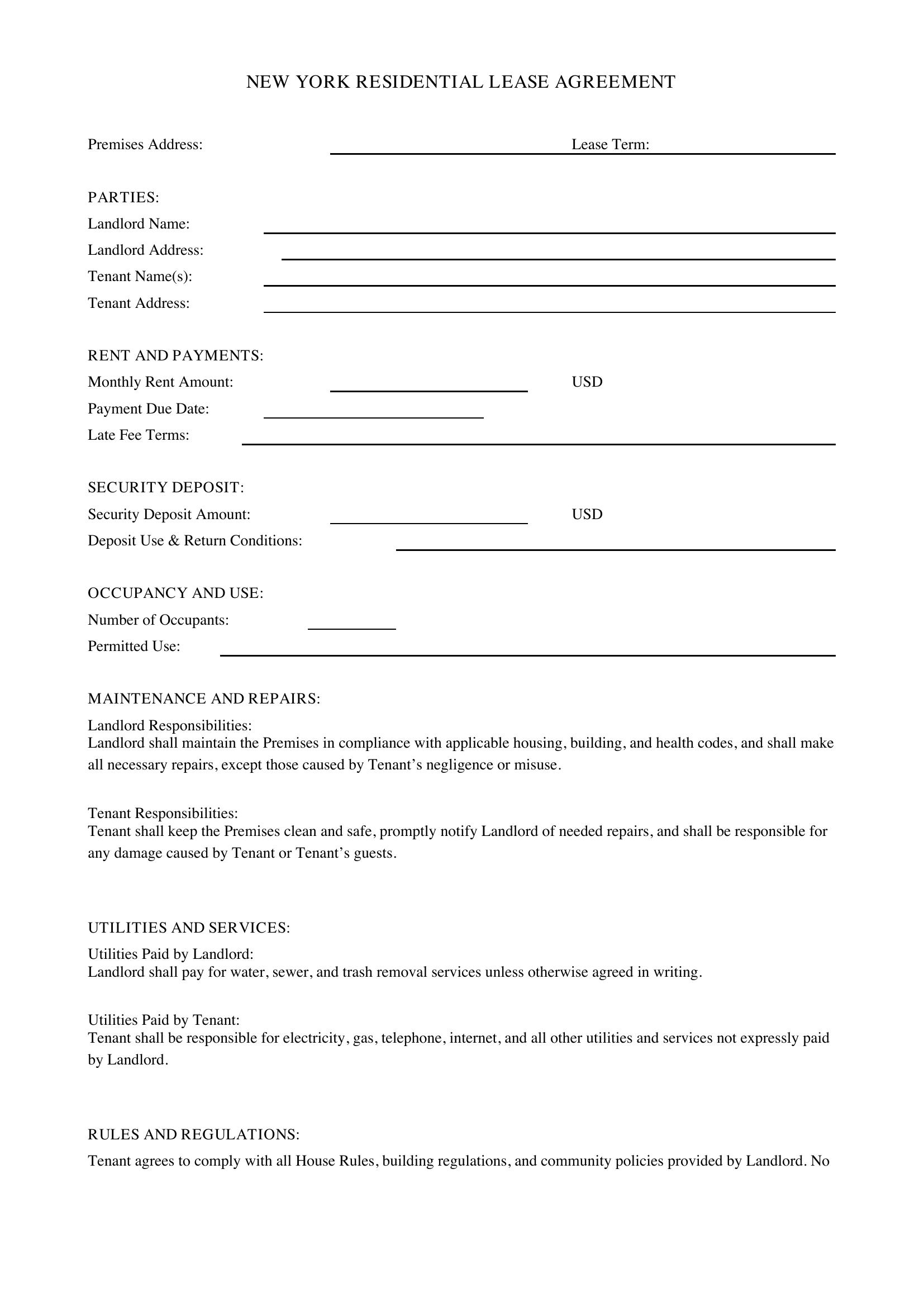 New York Residential Lease Agreement Template - US