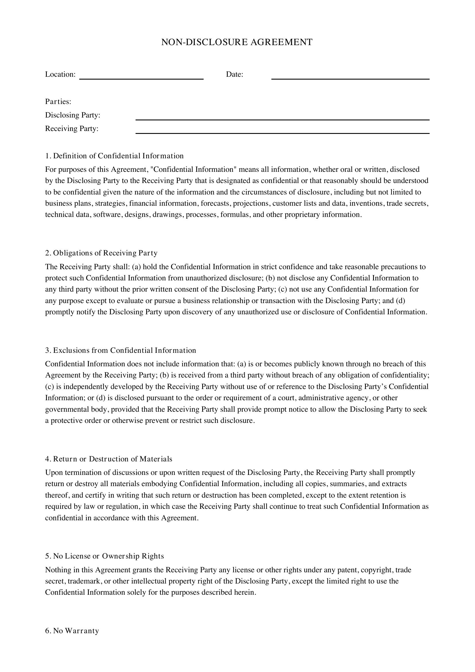 Non Disclosure Agreement Template - US
