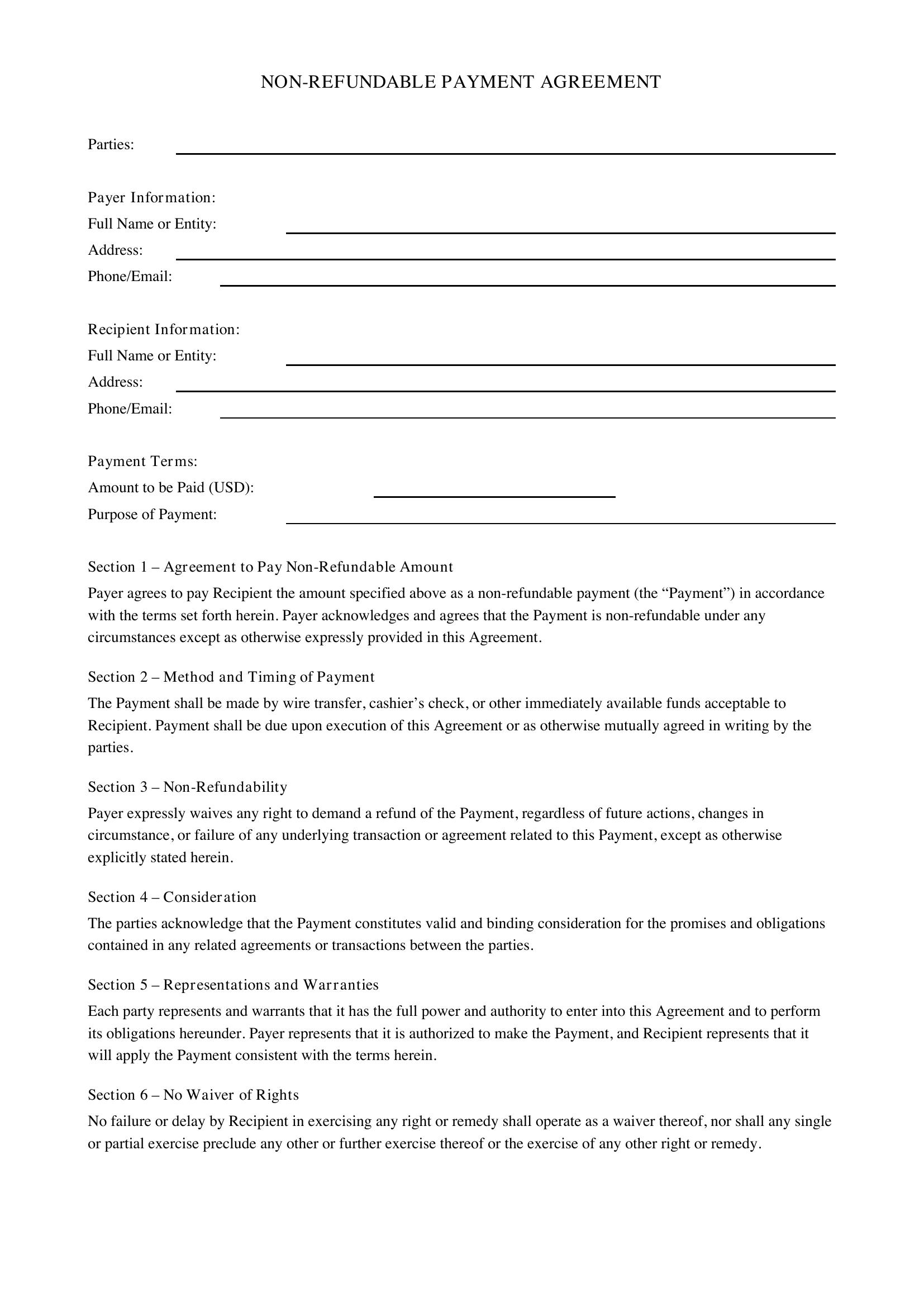 Non Refundable Payment Agreement Template - US