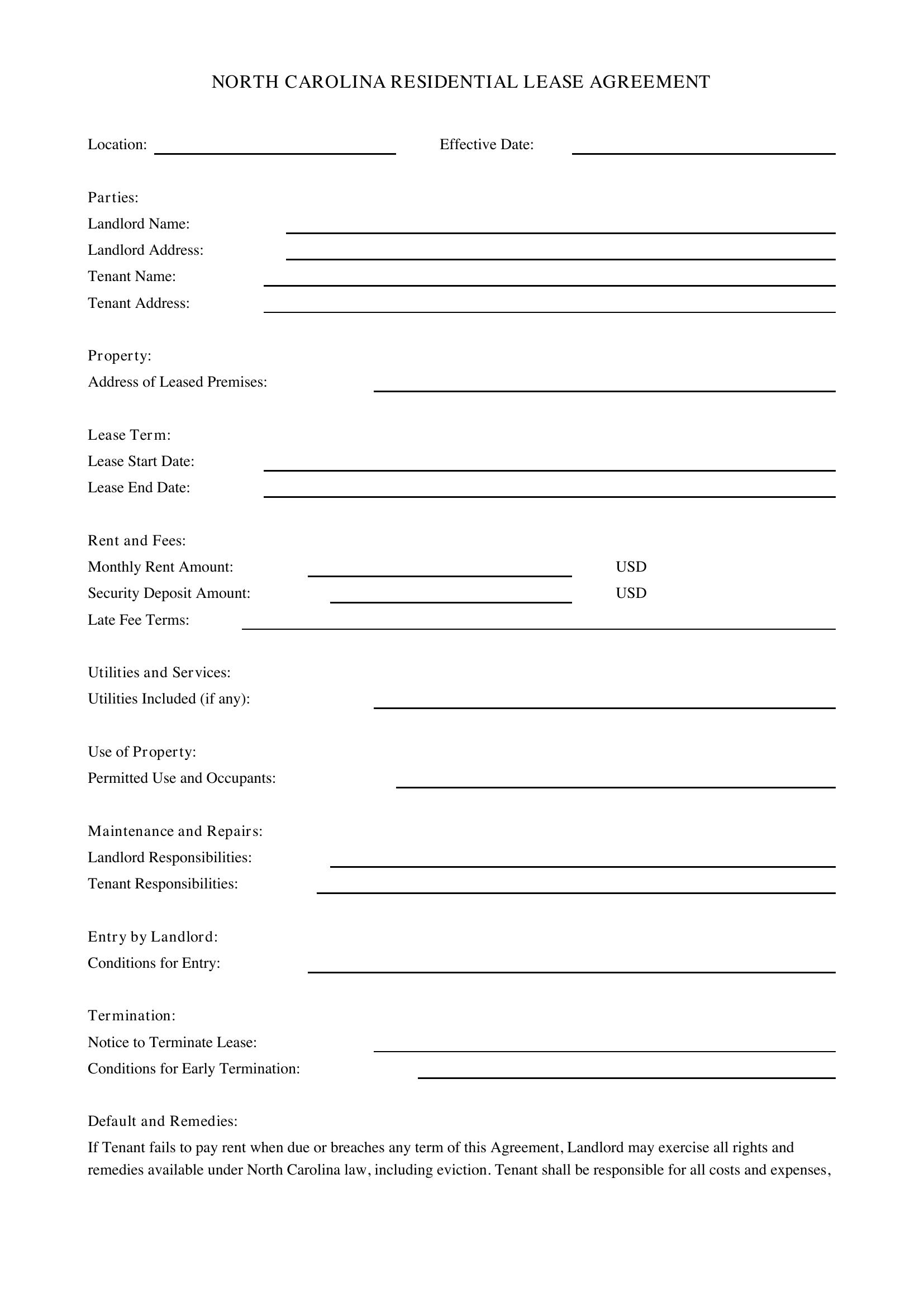 North Carolina Lease Agreement Template - US