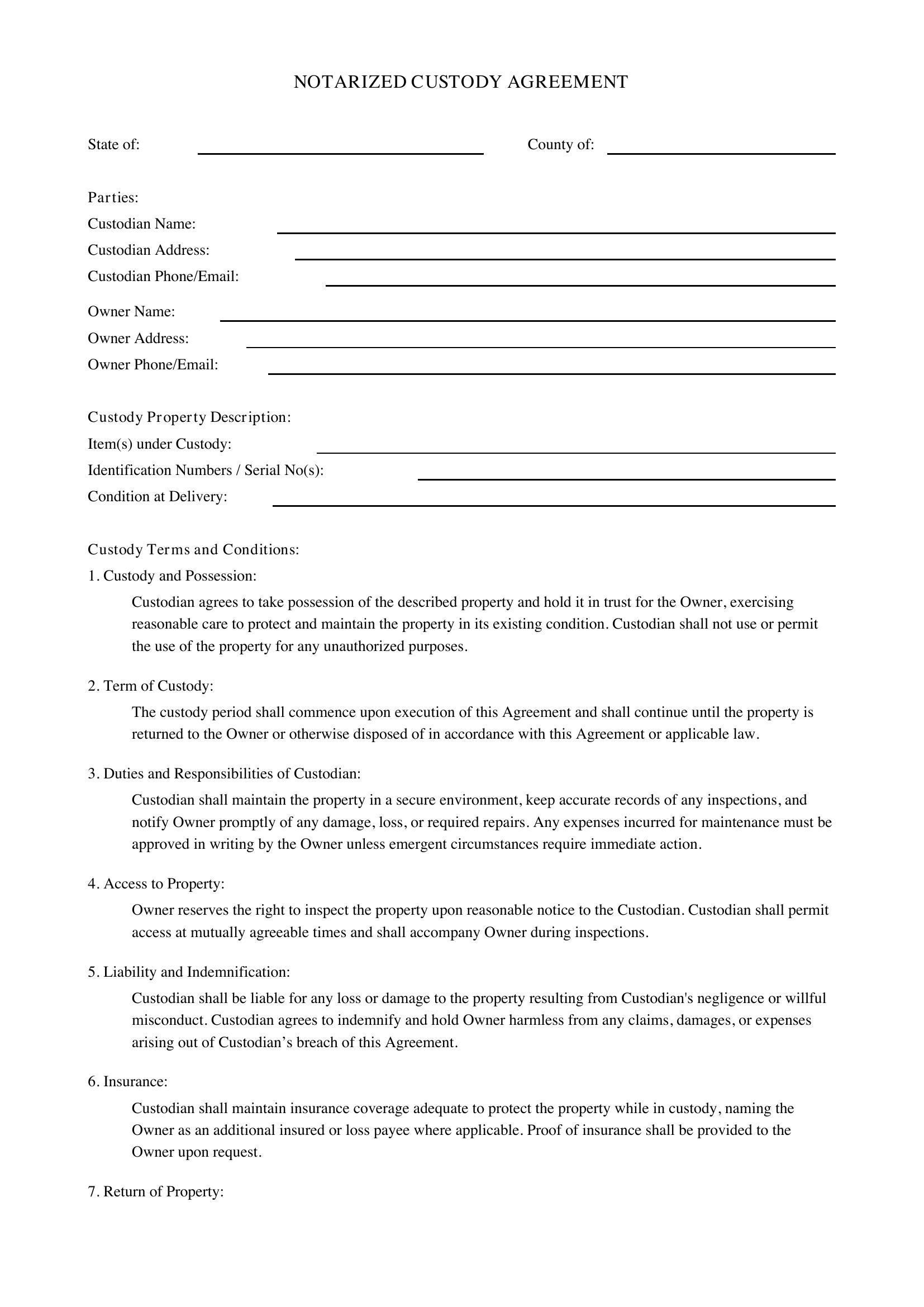 Notarized Custody Agreement Template - US