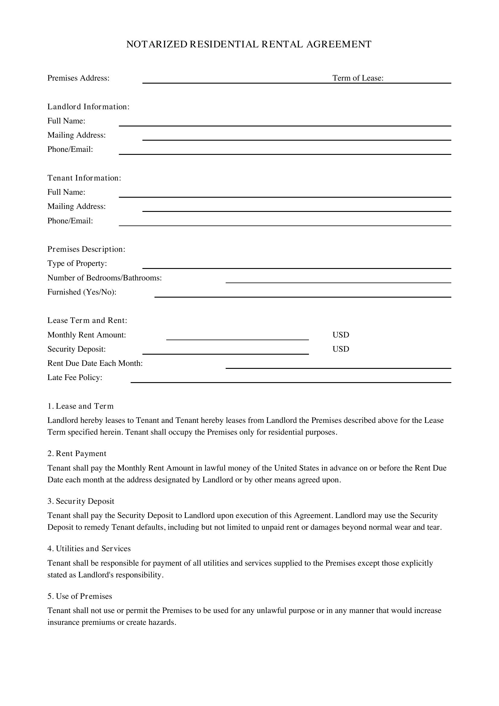 Notarized Rental Agreement Template - US