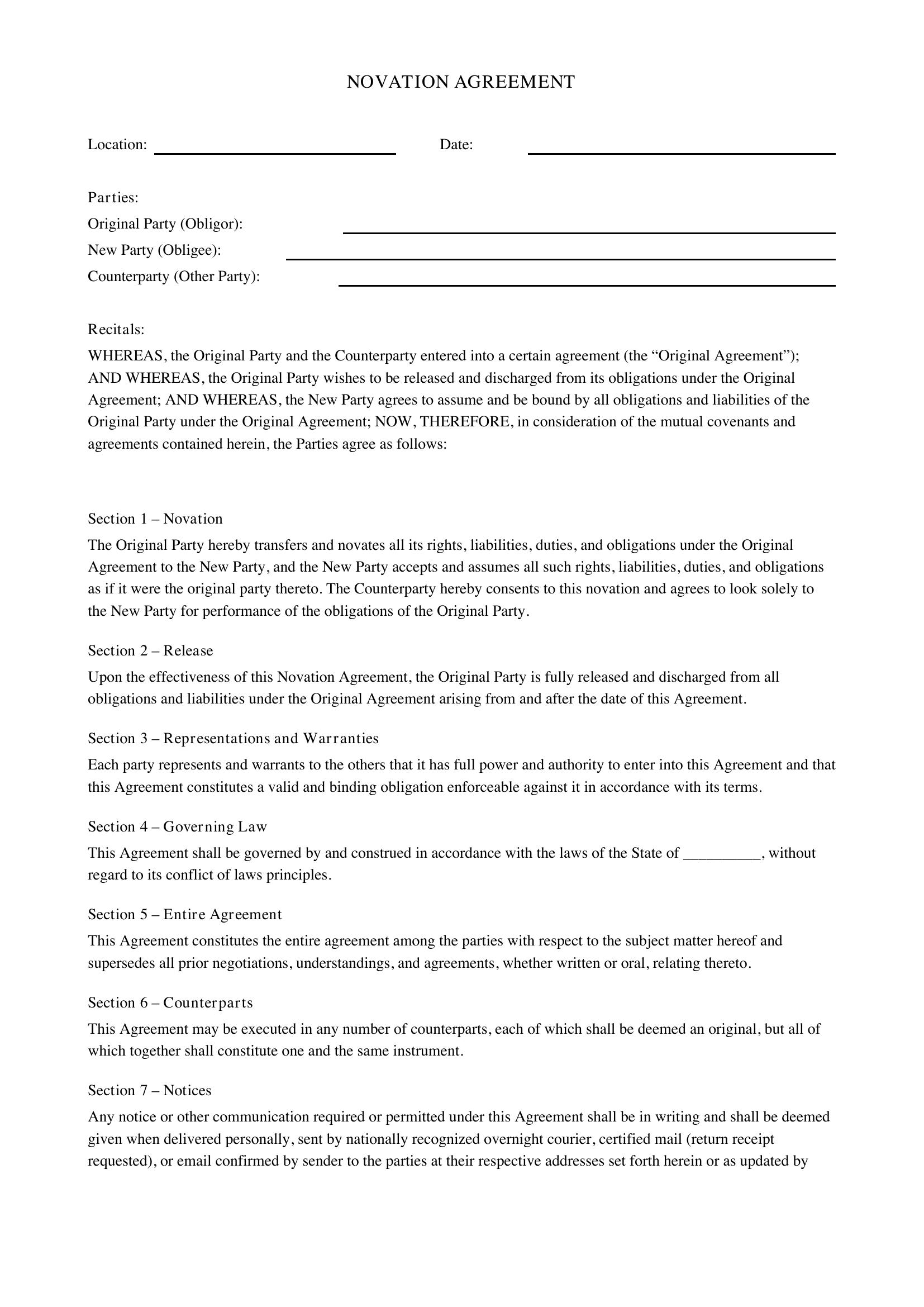 Novation Agreement Template - US