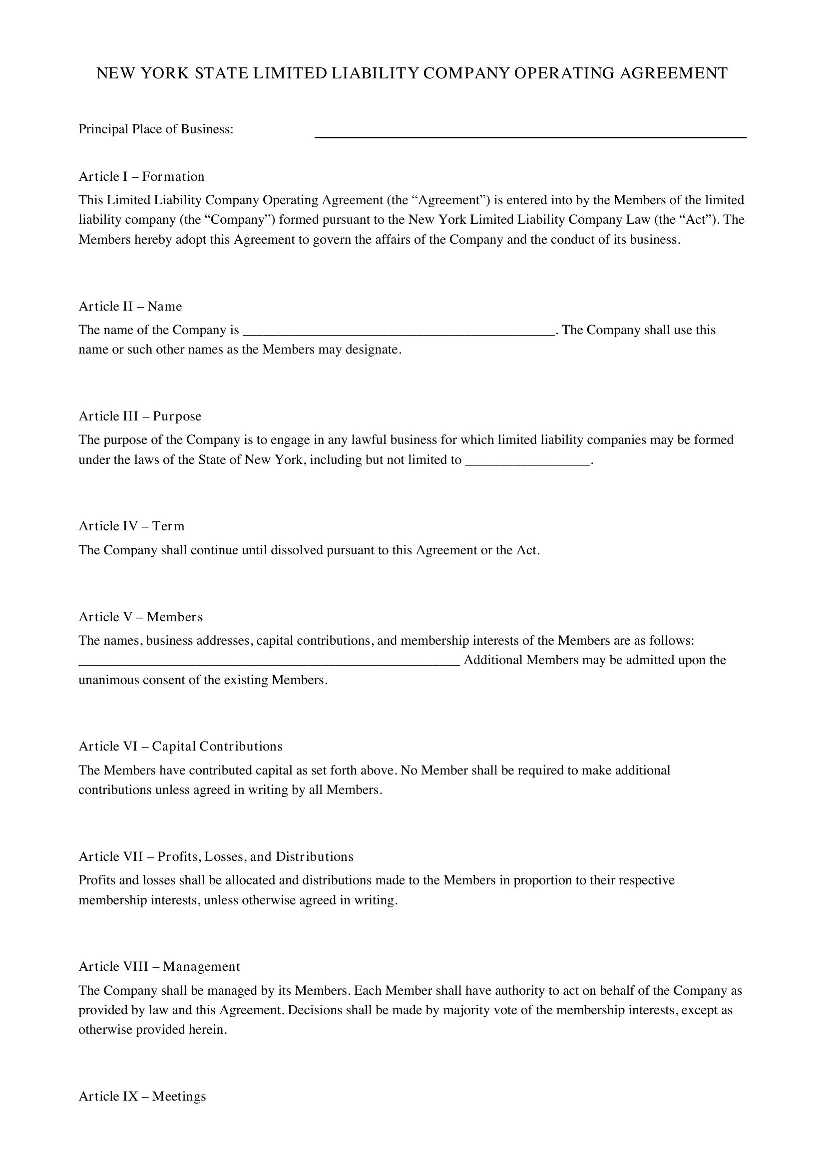 Nys Operating Agreement Template - US