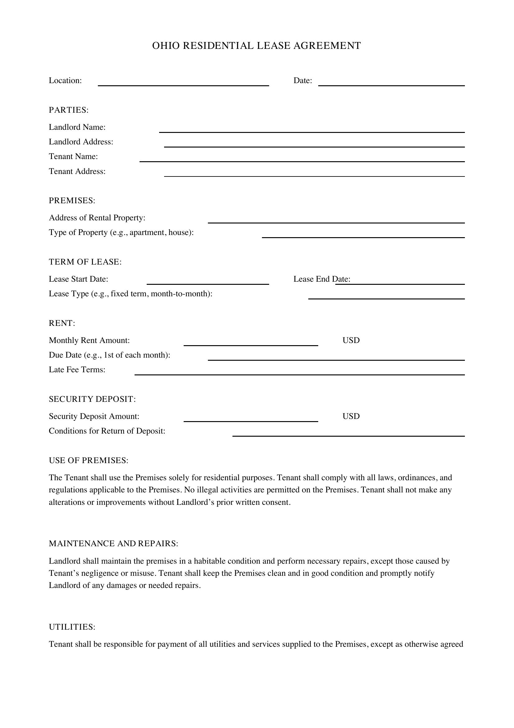 Ohio Lease Agreement Template - US