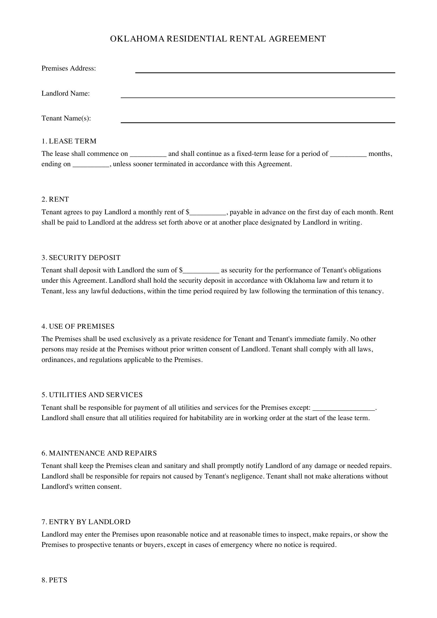 Oklahoma Rental Agreement Template - US