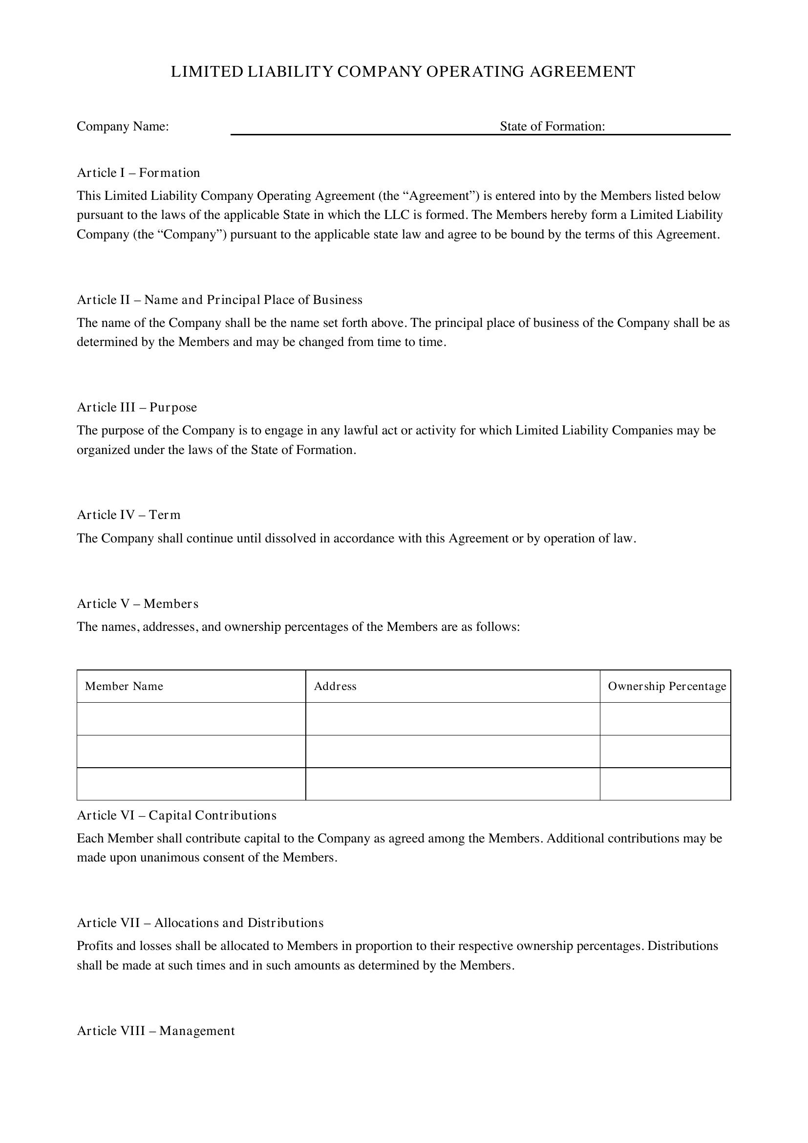 Operating Agreement For Llc Template - US