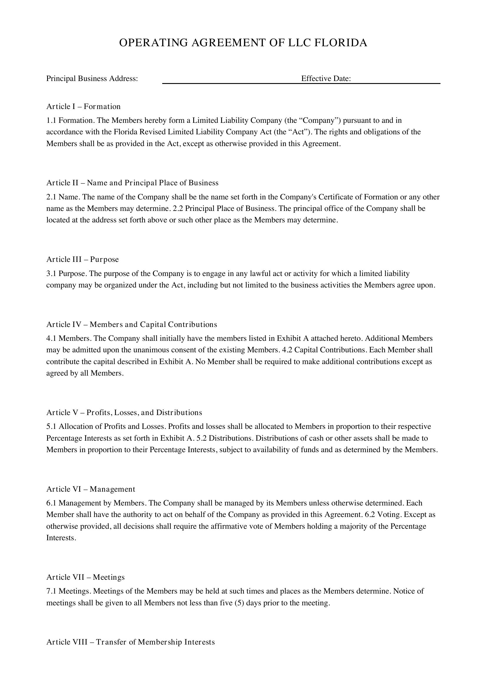 Operating Agreement Llc Florida Template - US