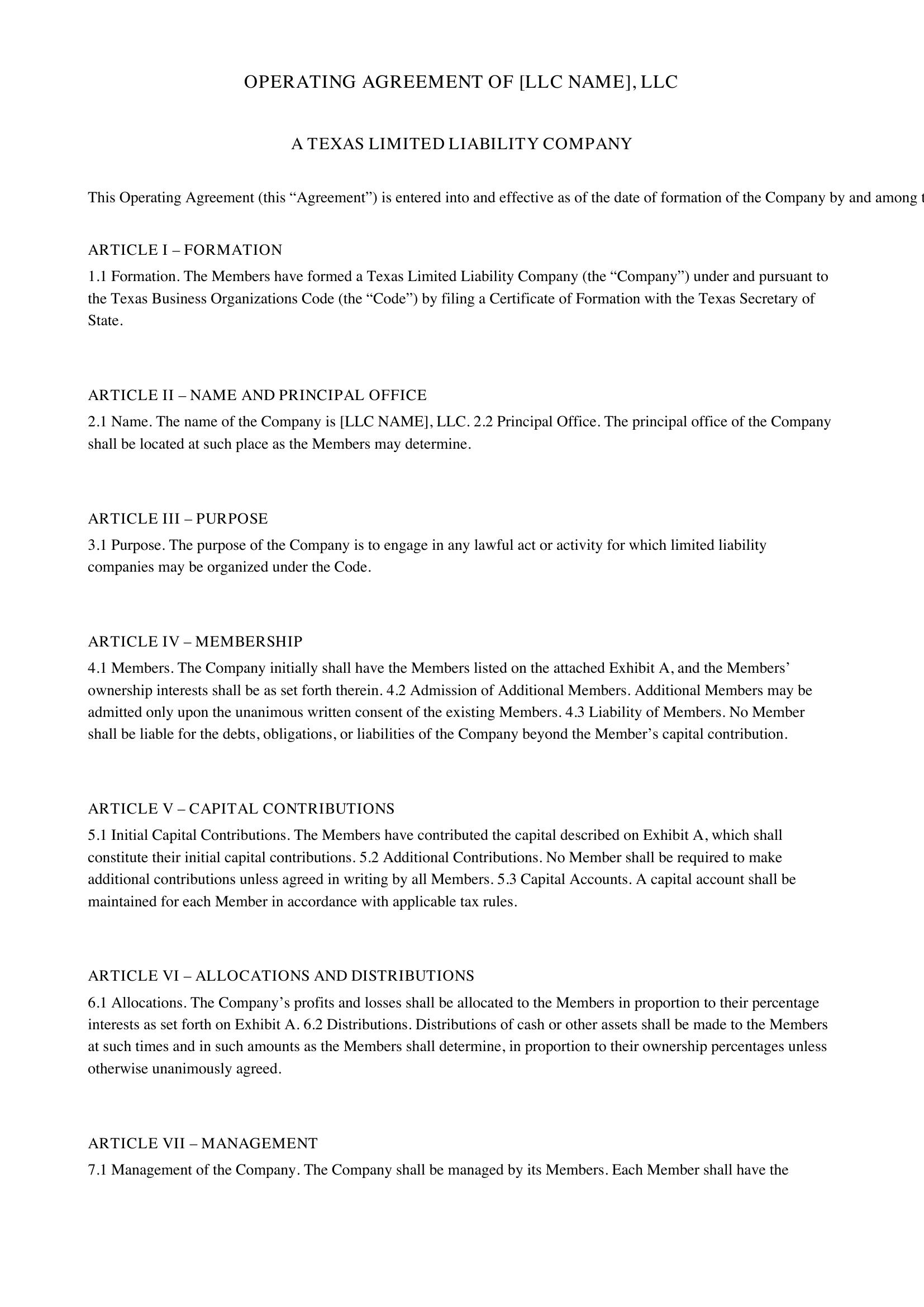 Operating Agreement Llc Texas Template - US