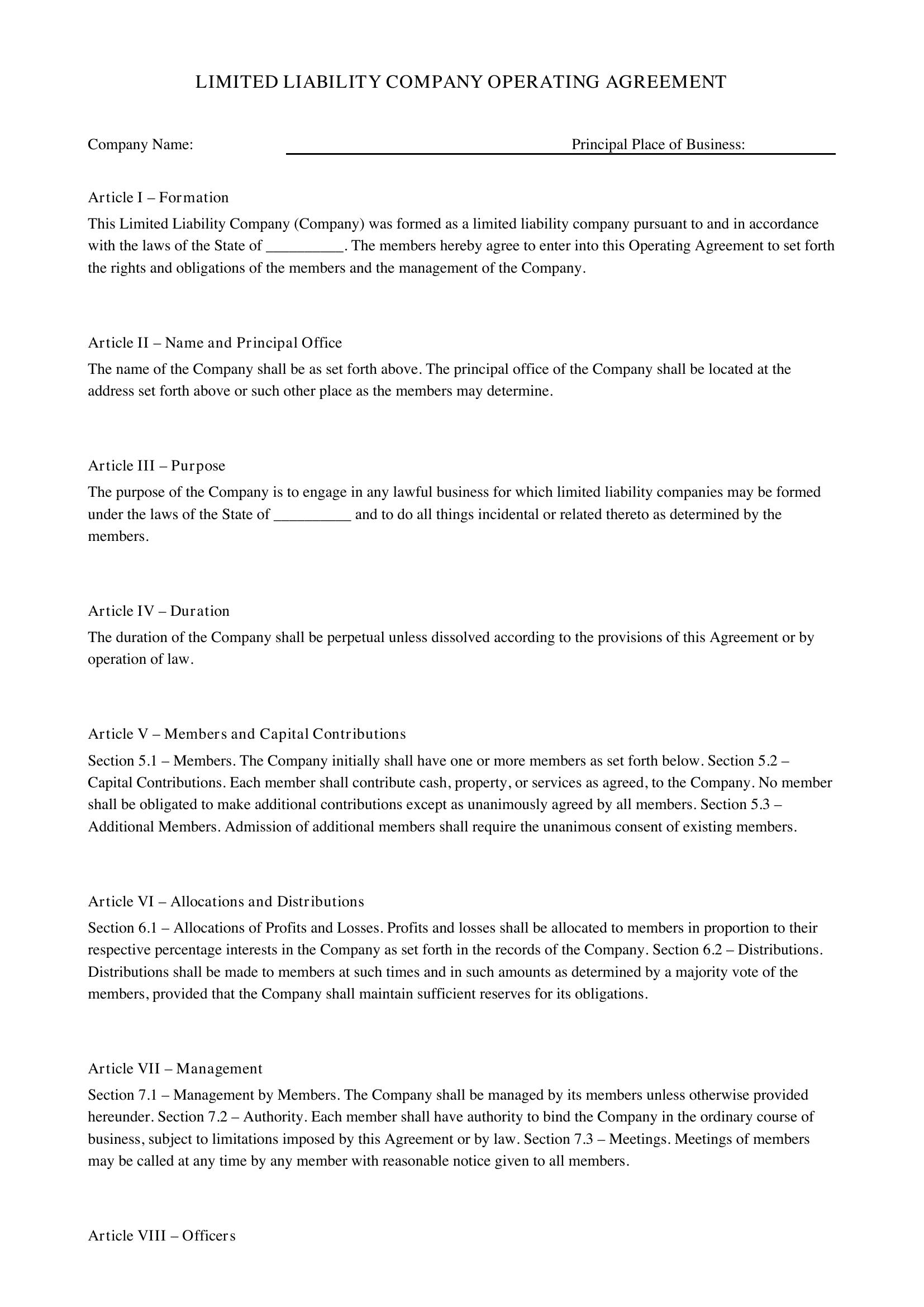 Operating Agreement Template - US