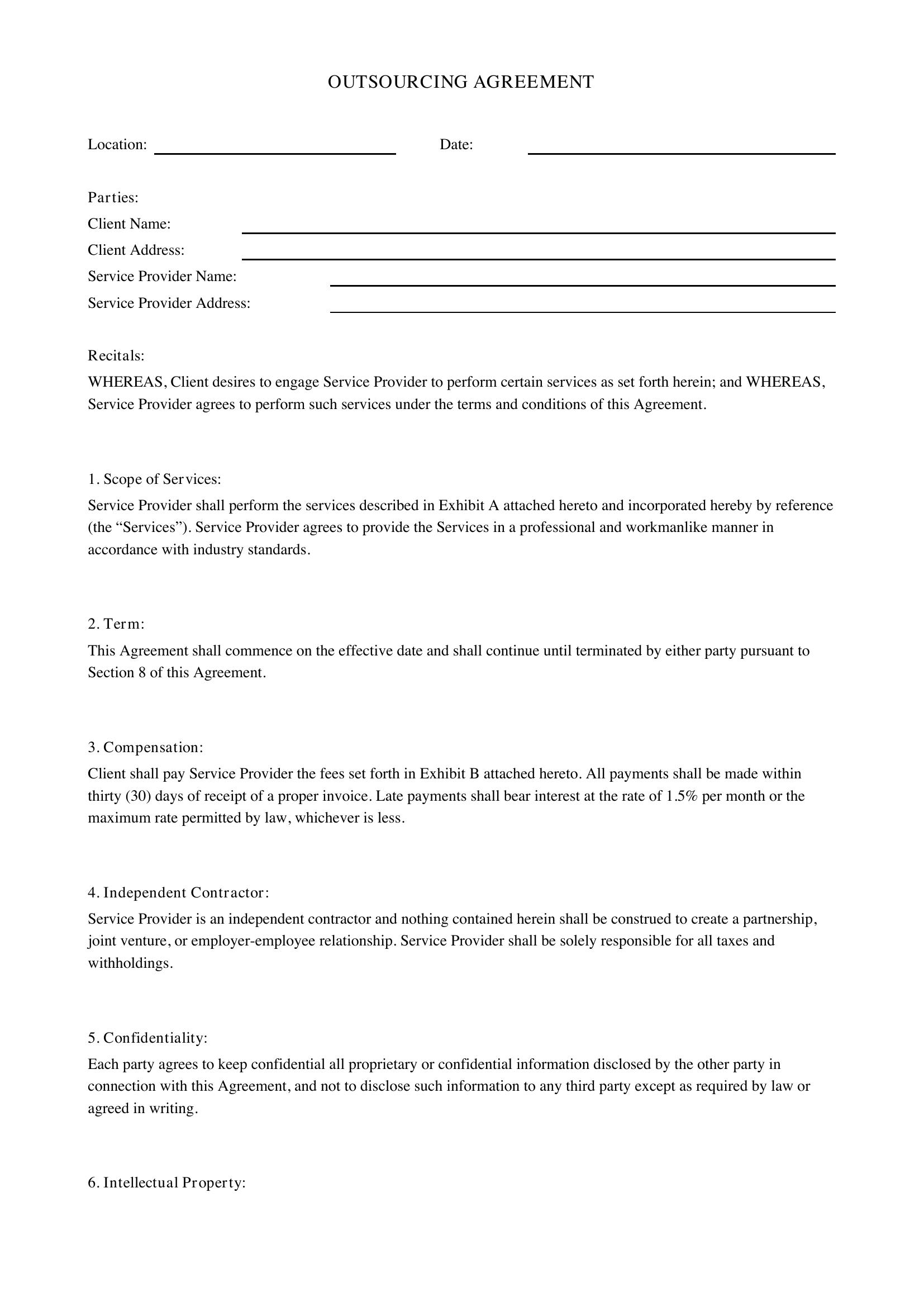 Outsourcing Agreement Template - US