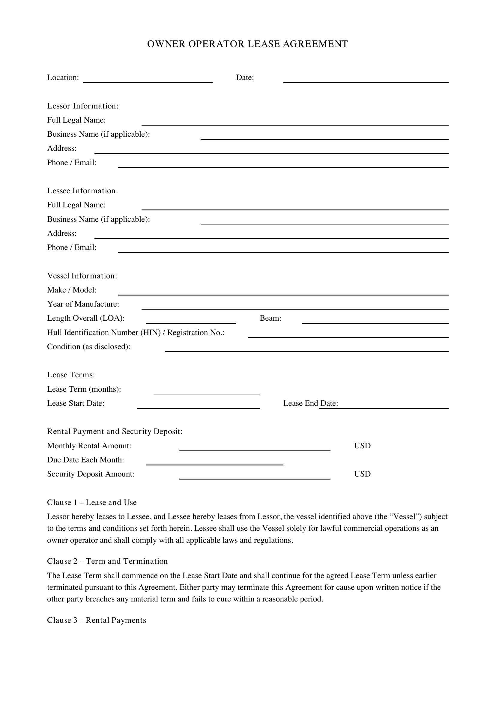 Owner Operator Lease Agreement Template - US