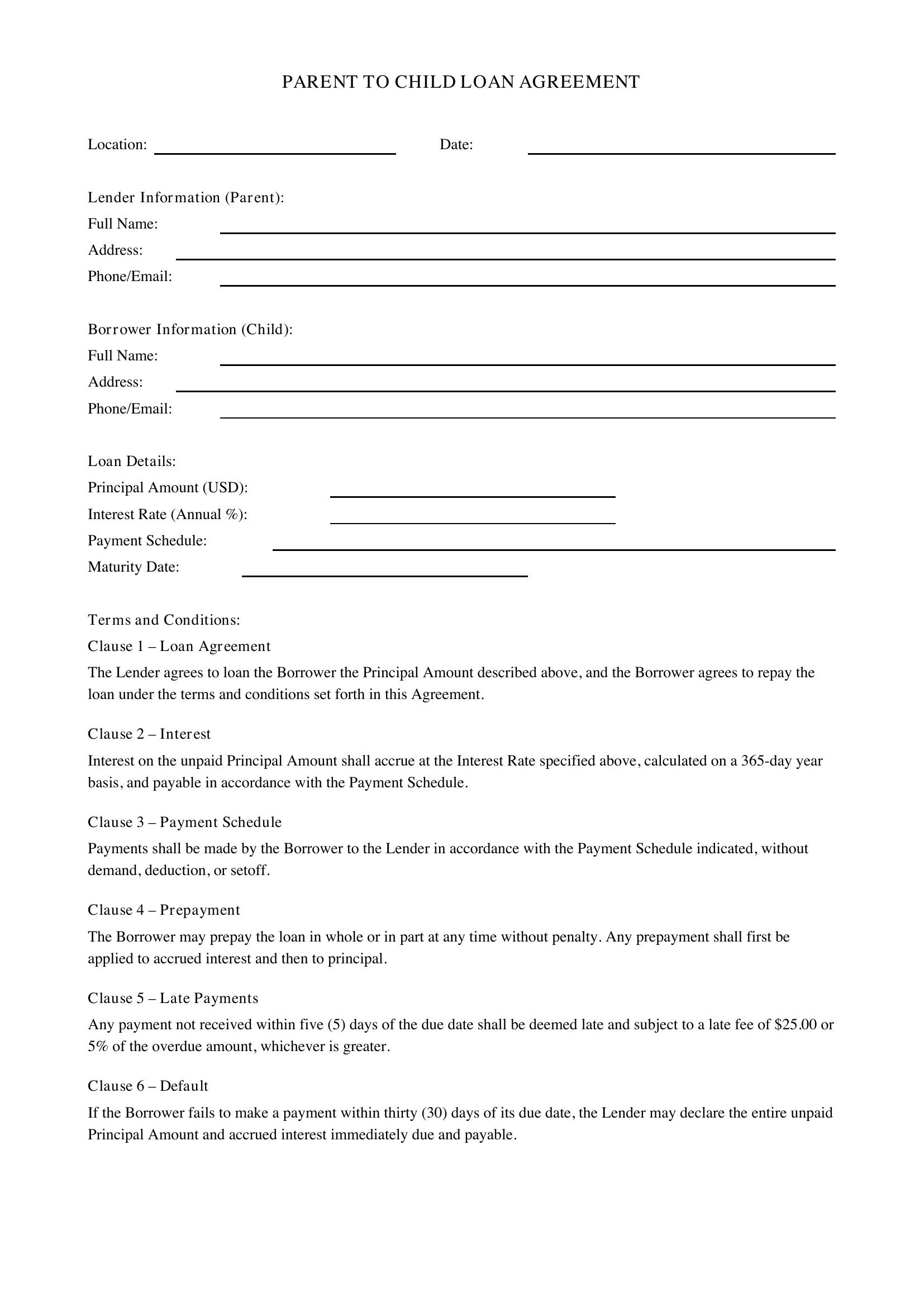 Parent Child Loan Agreement Template - US