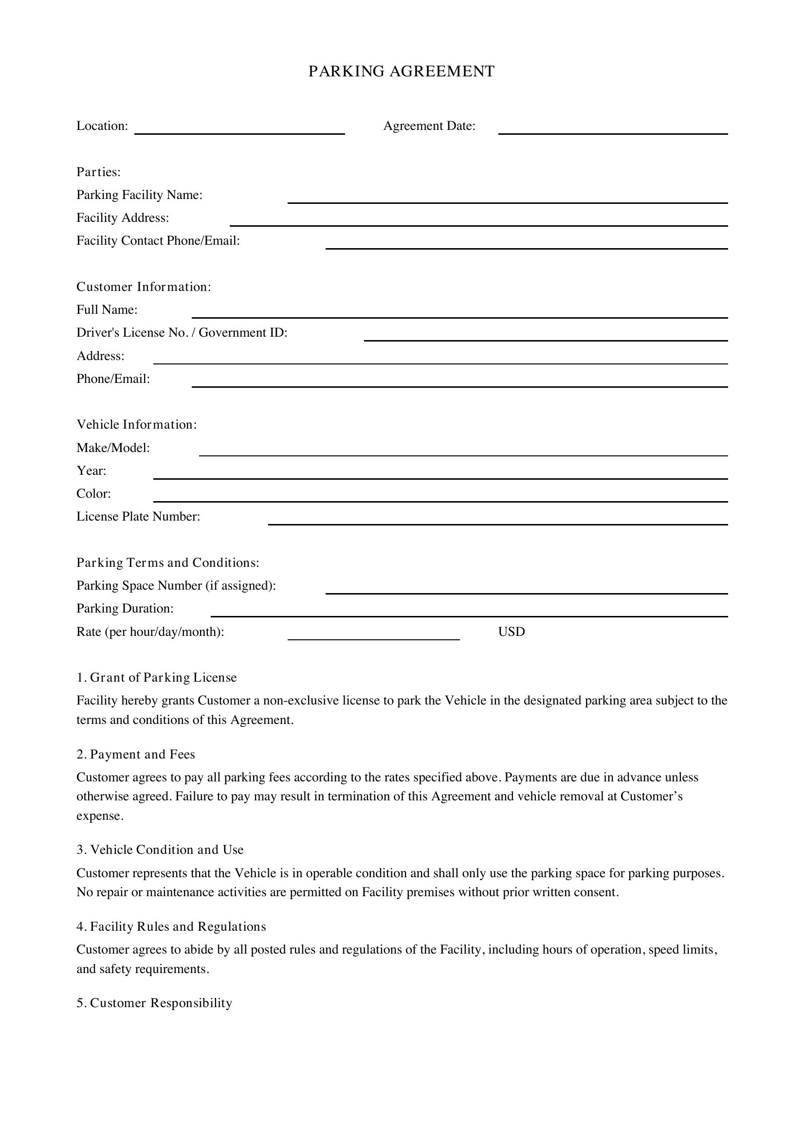 Parking Agreement Template - US