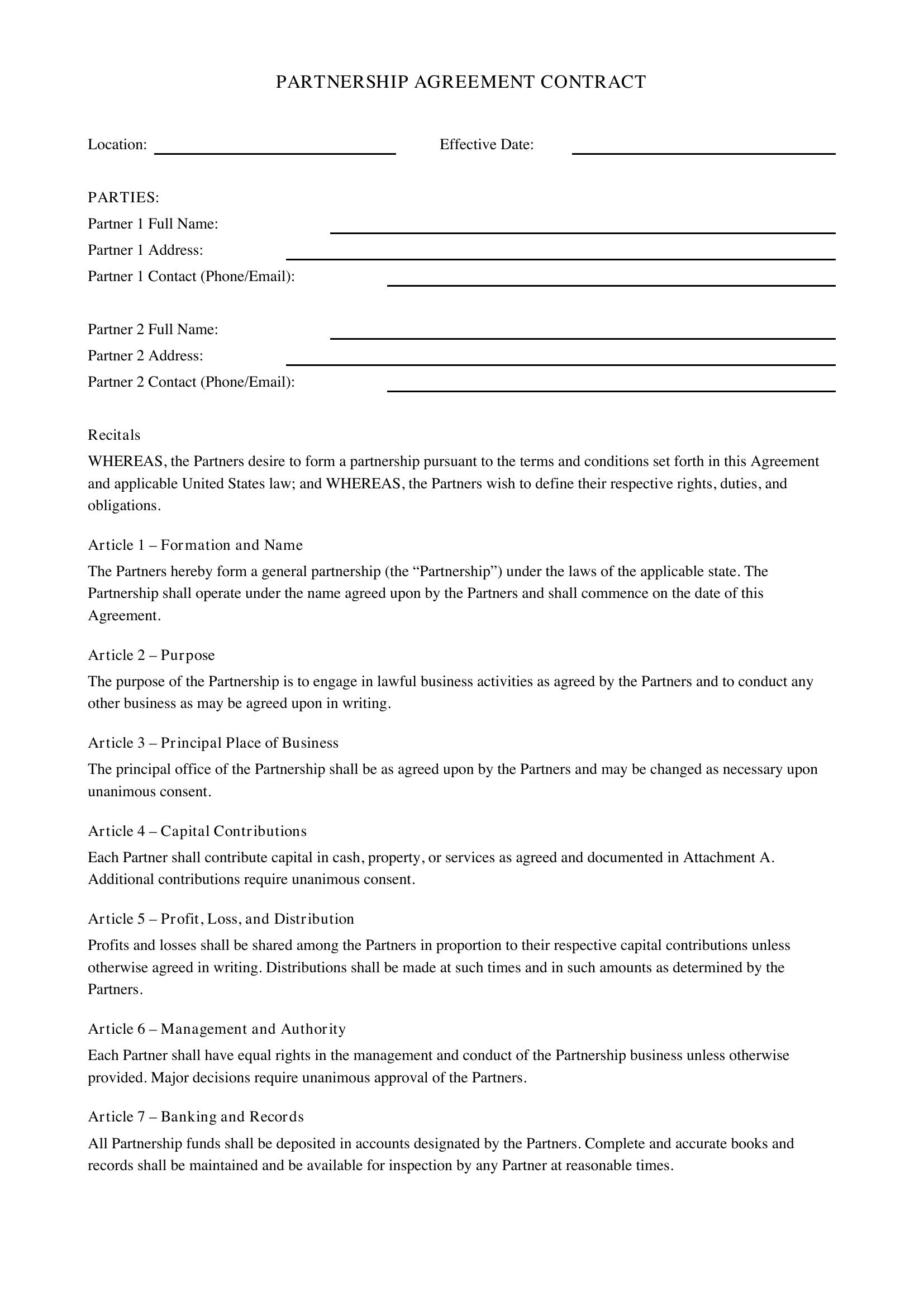 Partnership Agreement Contract Template - US