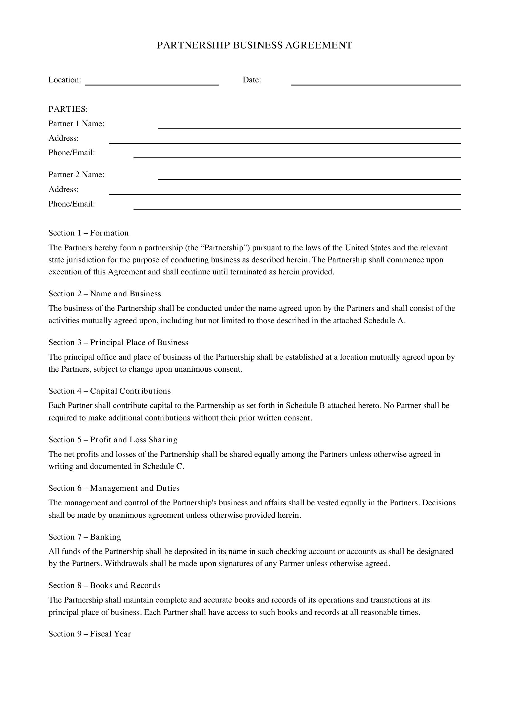 Partnership Business Agreement Template - US