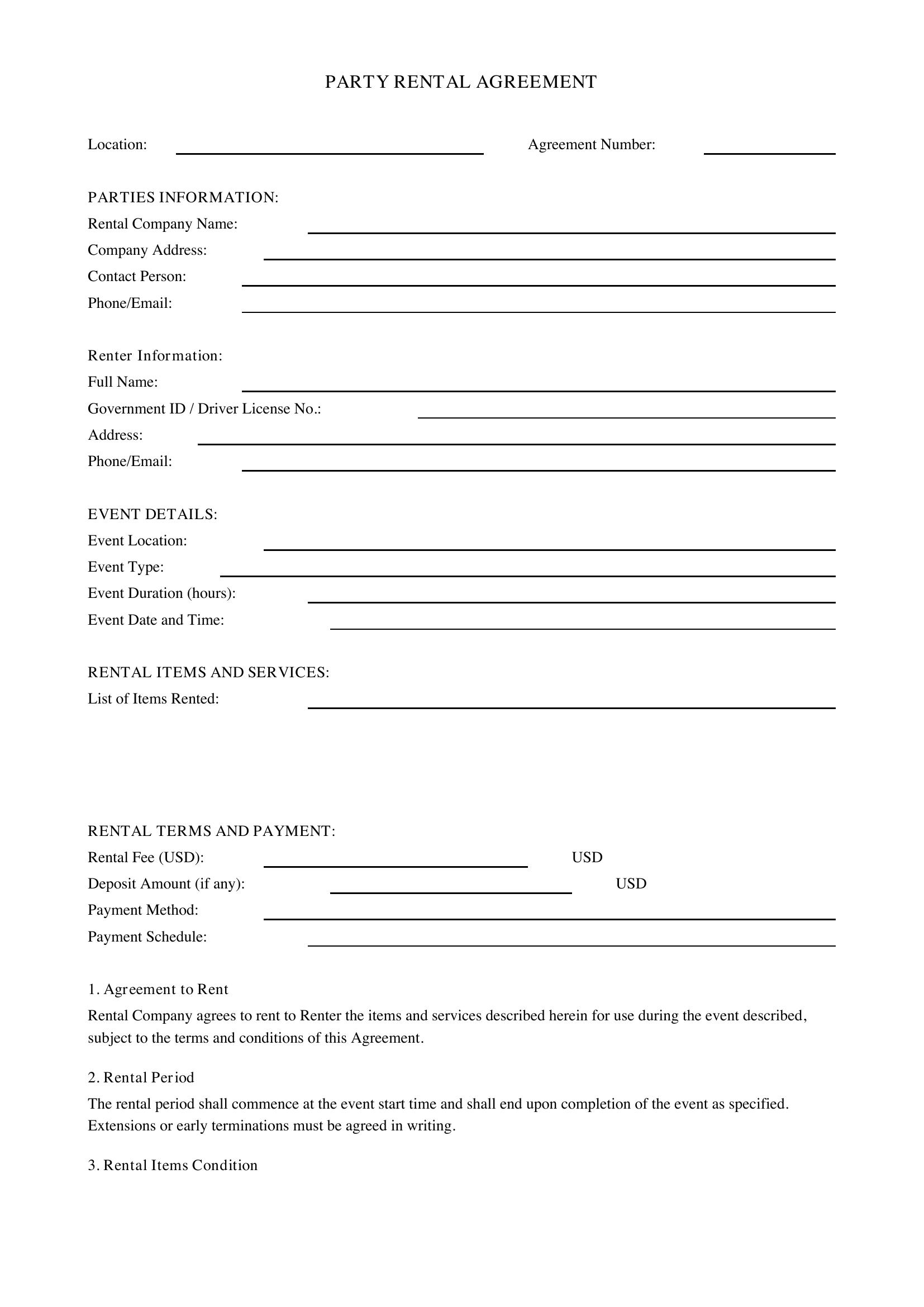 Party Rental Agreement Template - US