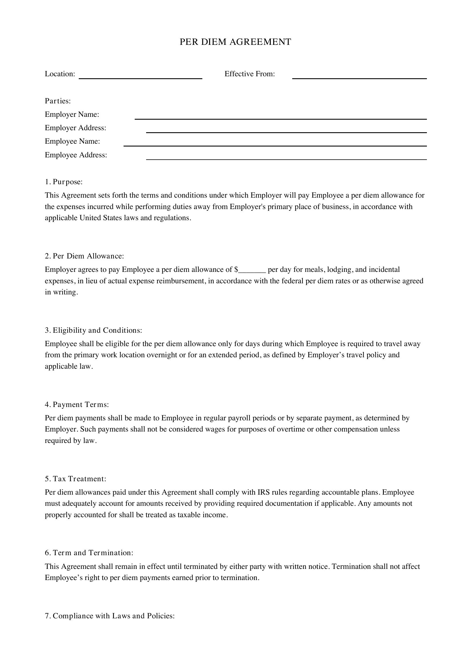 Per Diem Agreement Template - US