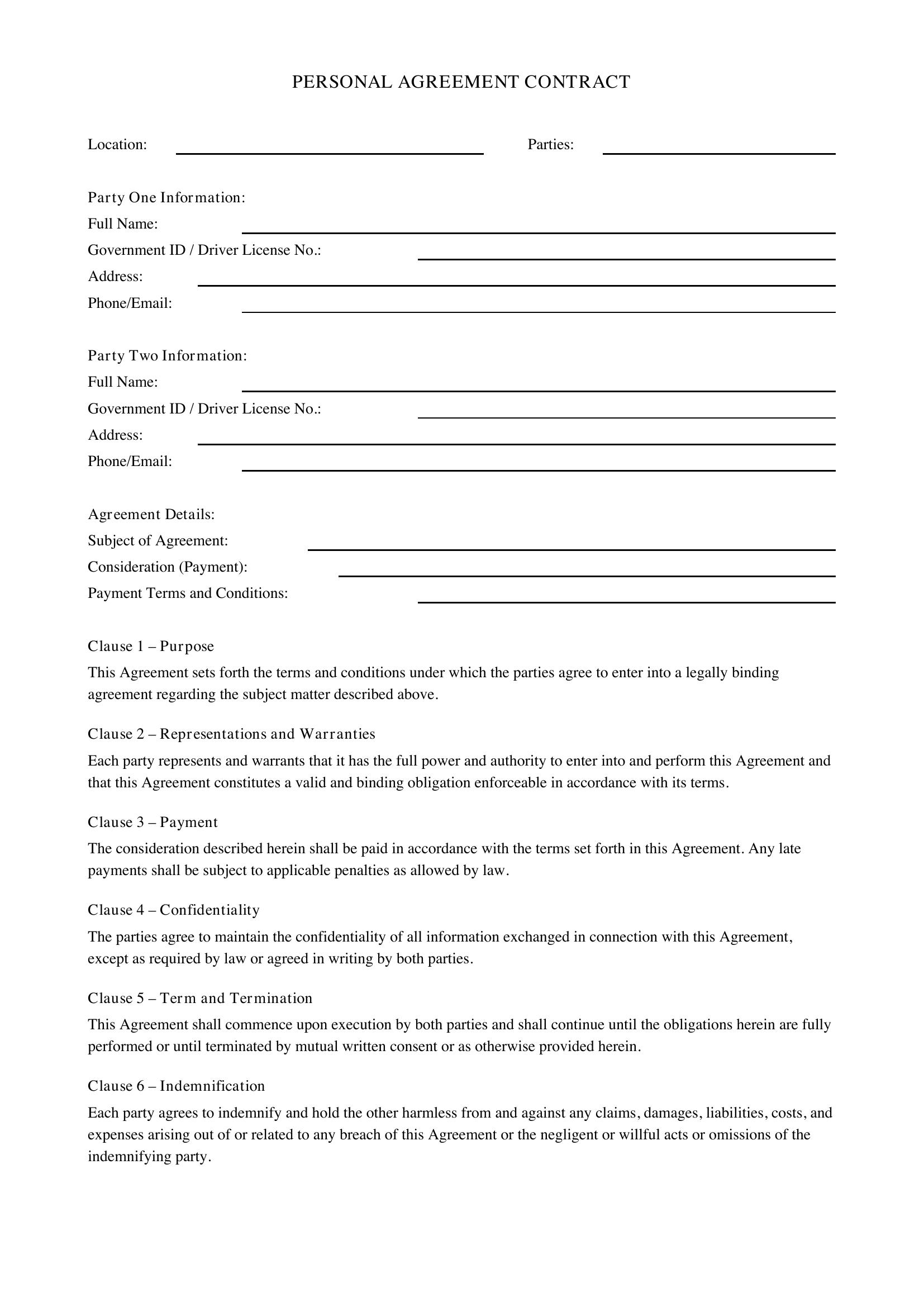 Personal Agreement Contract Template - US