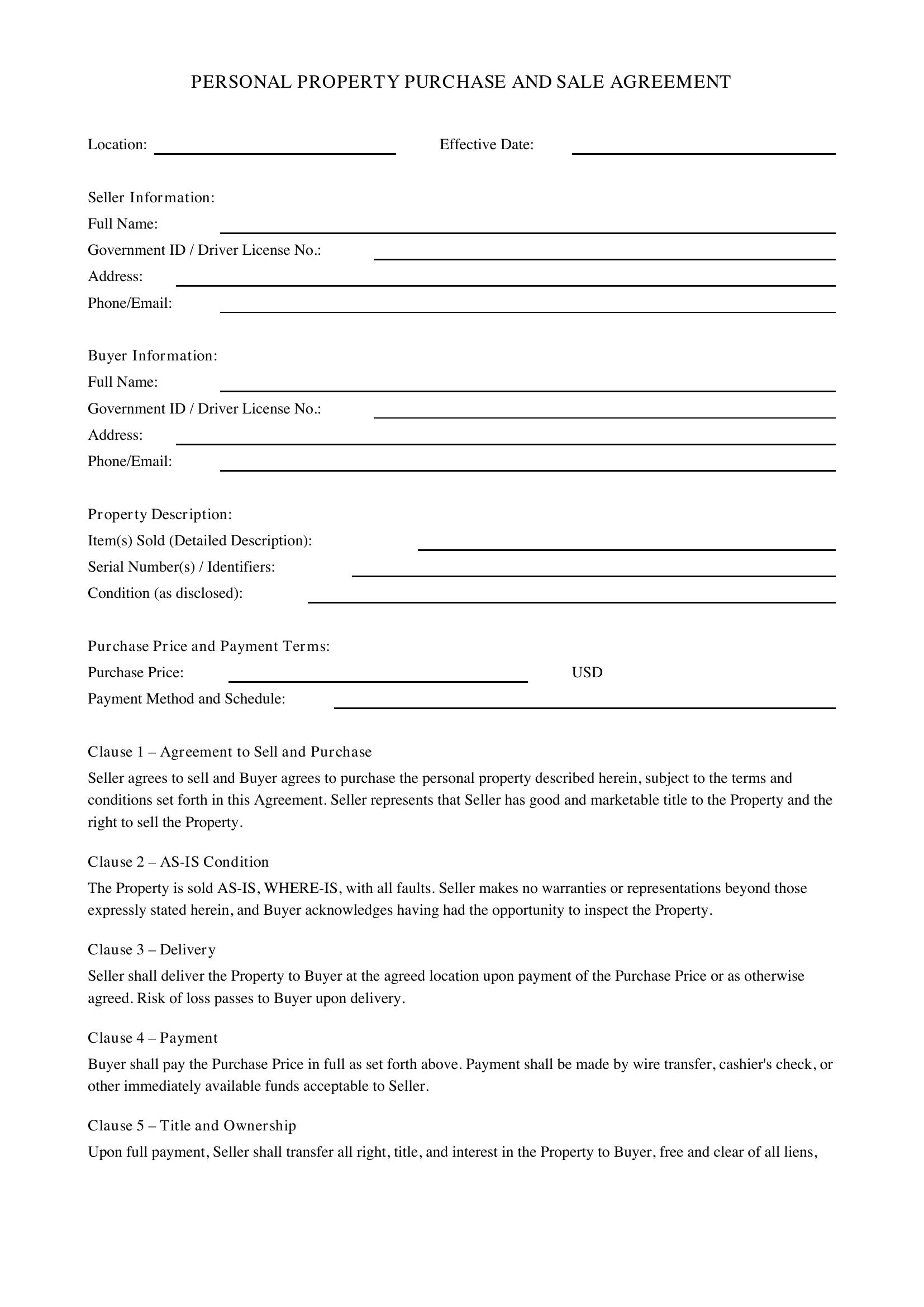 Personal Property Agreement Template - US