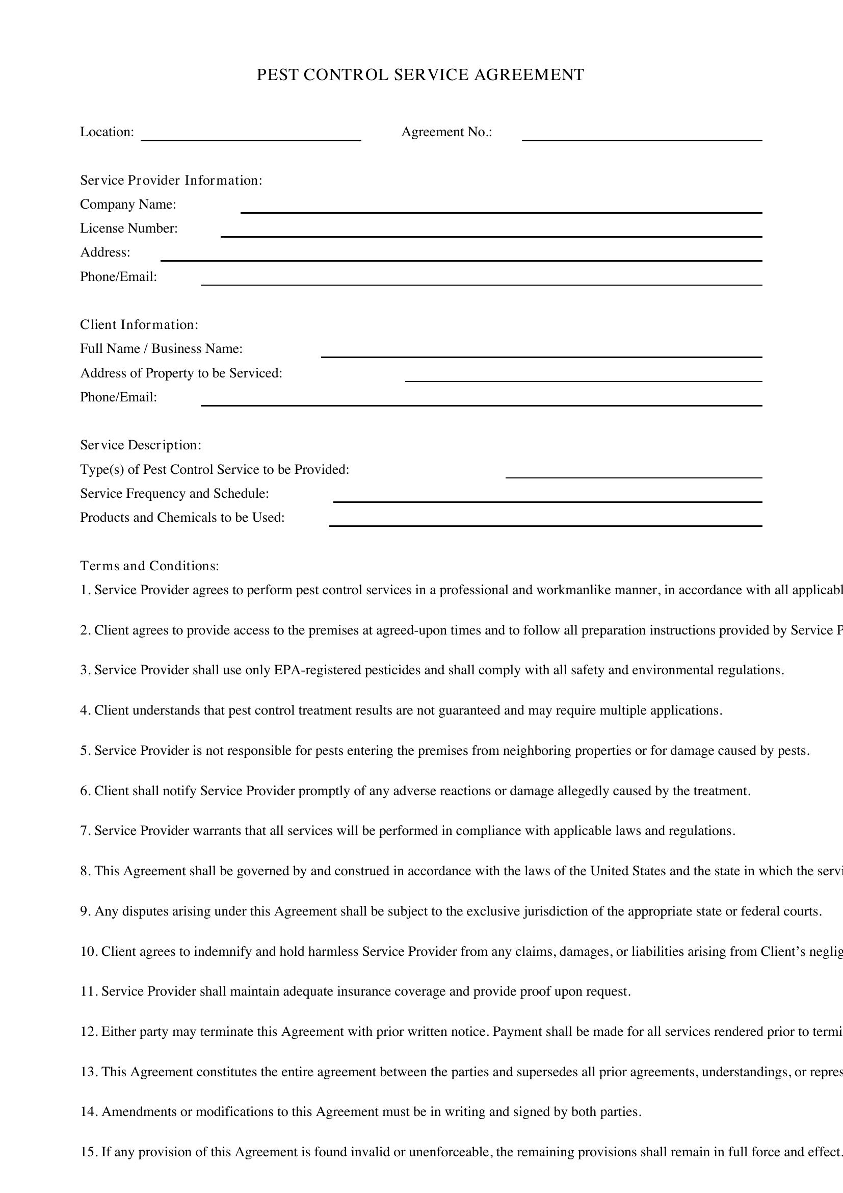 Pest Control Service Agreement Template - US