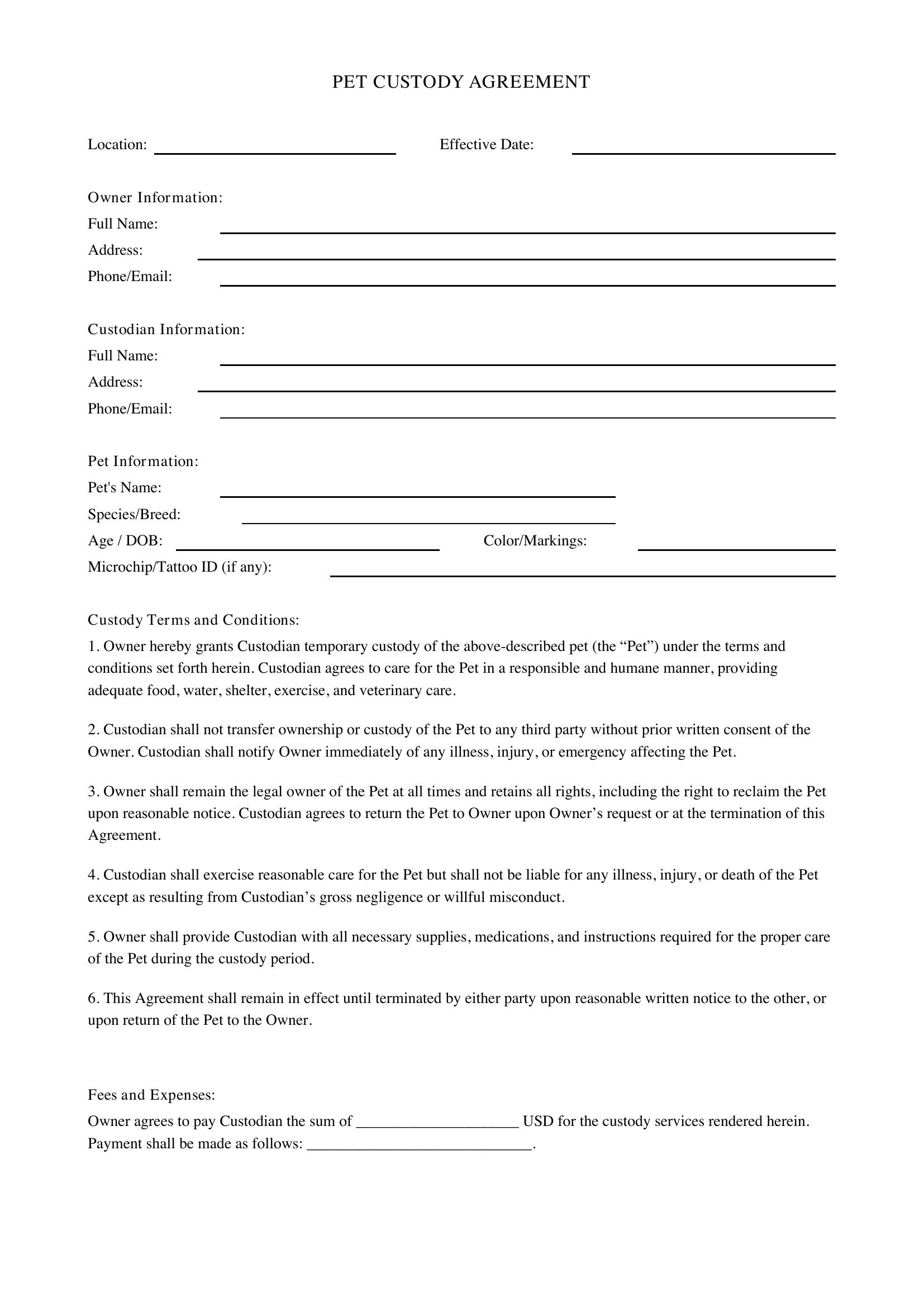 Pet Custody Agreement Template - US