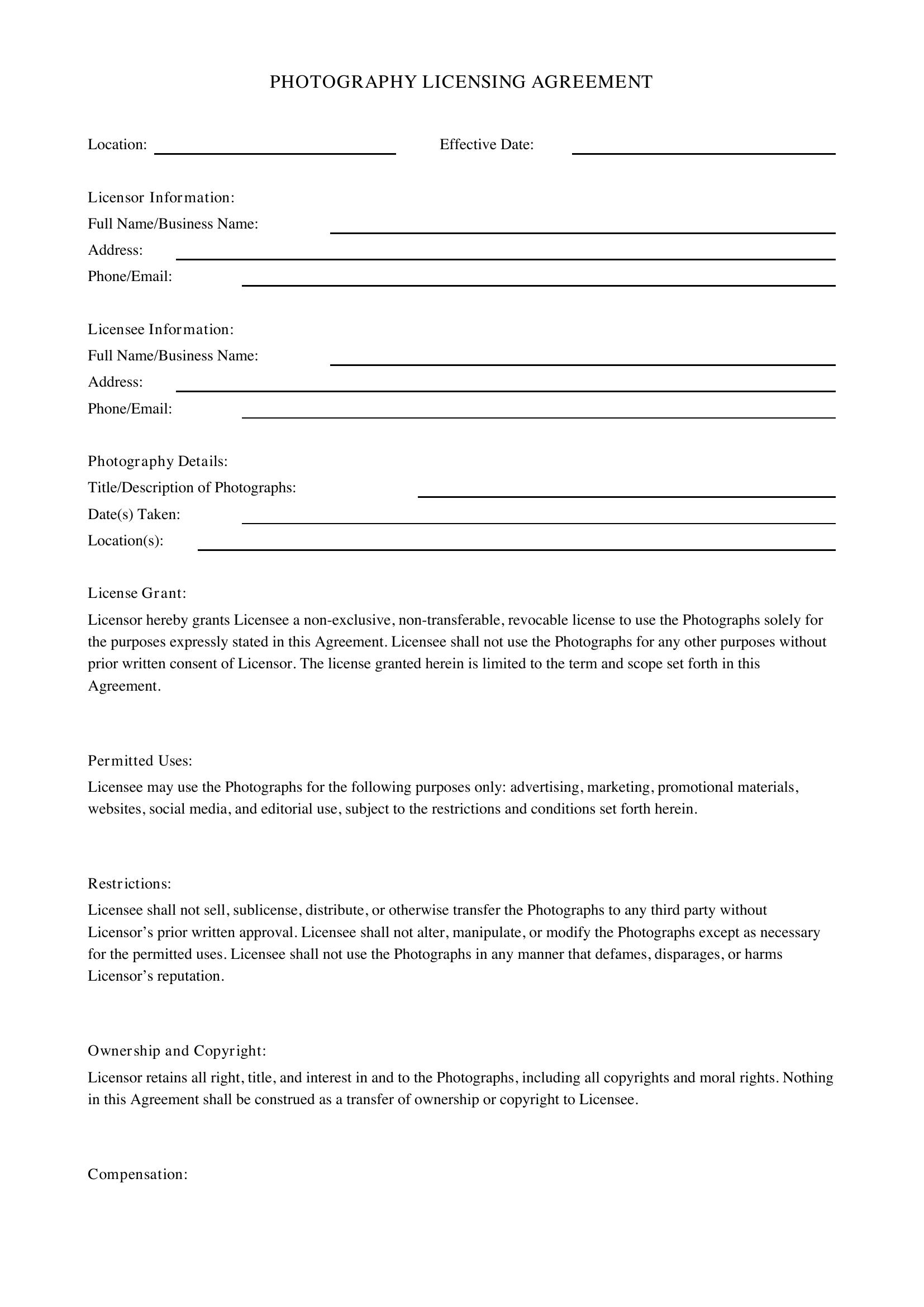 Photo Licensing Agreement Template - US