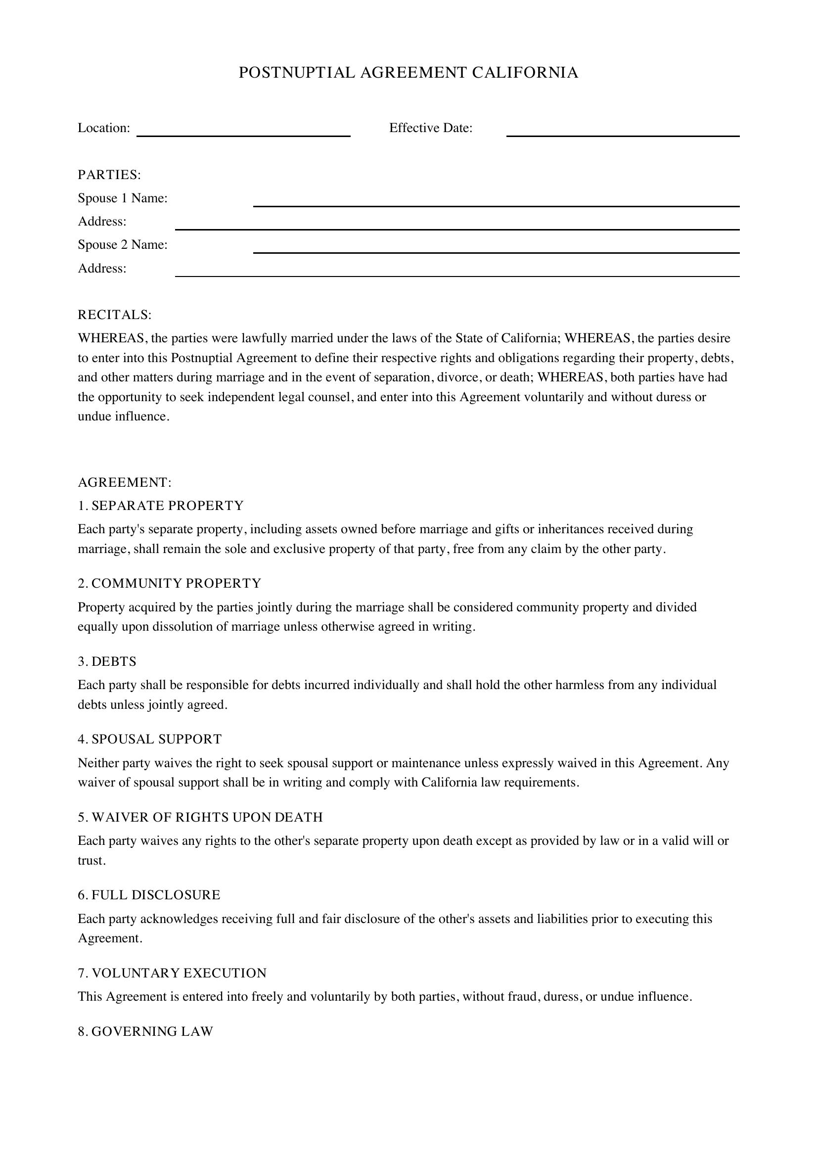 Postnuptial Agreement California Template - US