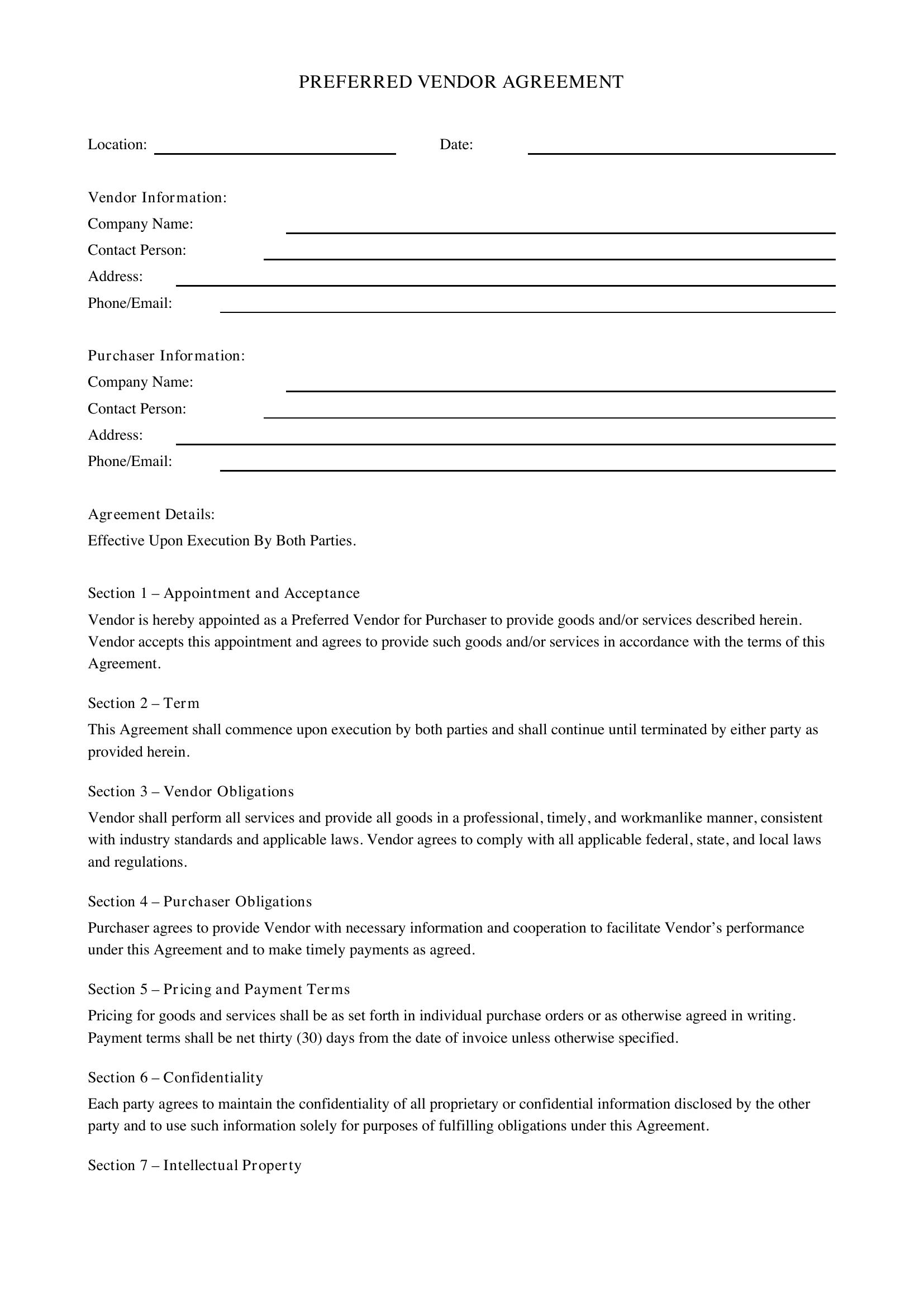 Preferred Vendor Agreement Template - US