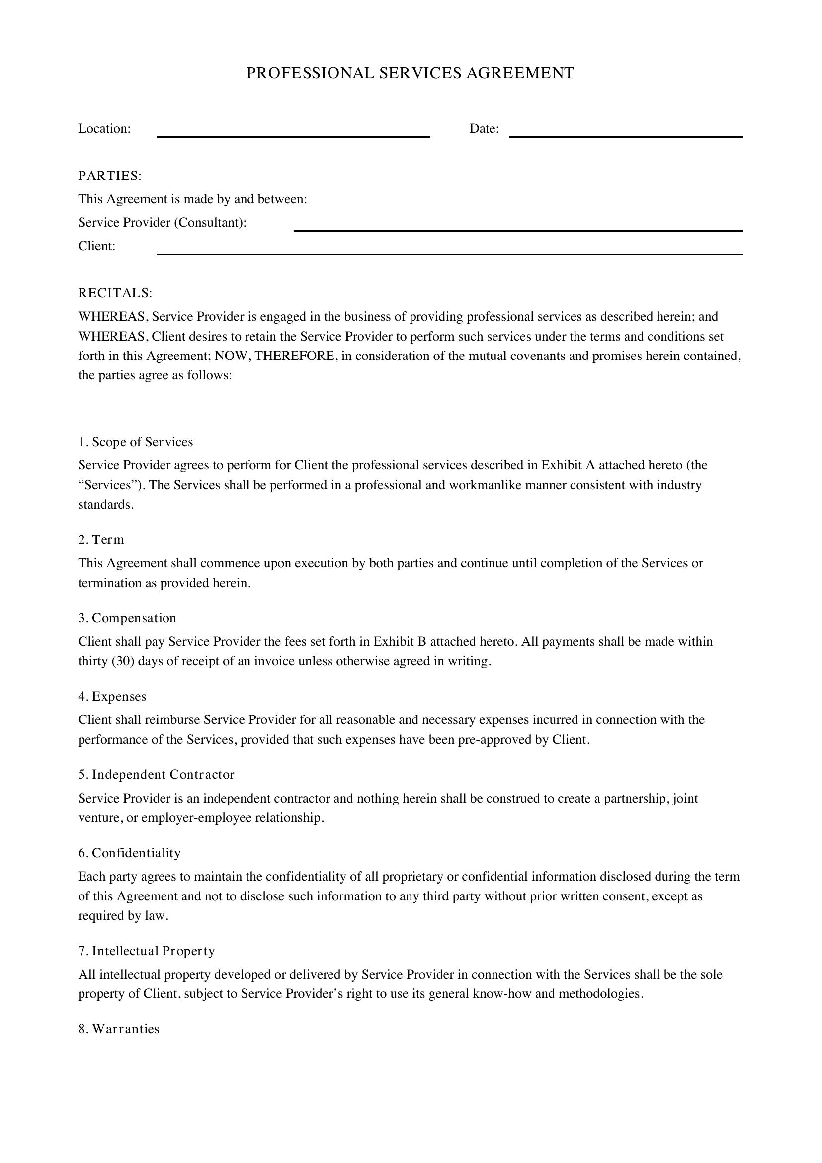 Professional Services Agreement Template - US
