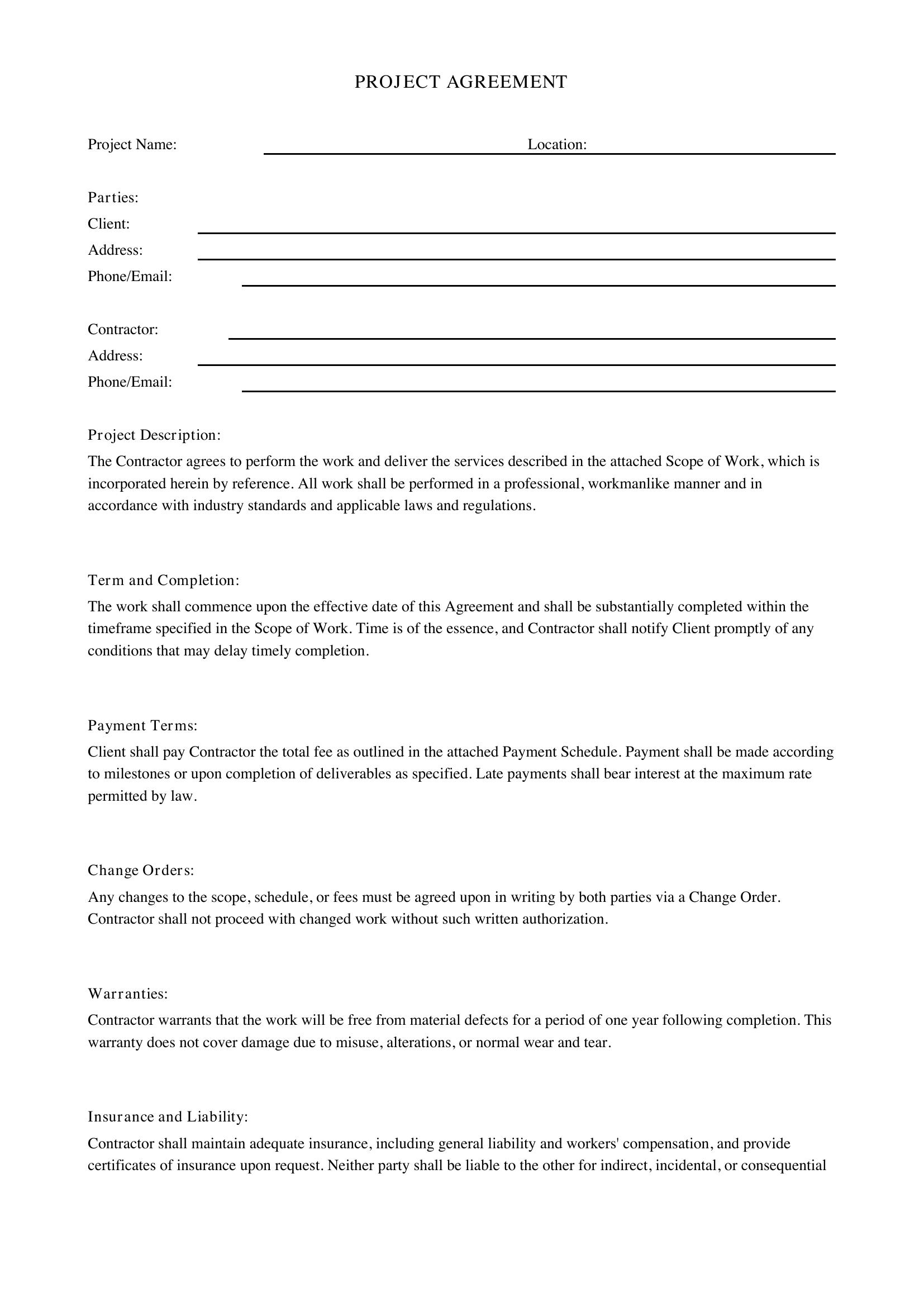 Project Agreement Template - US