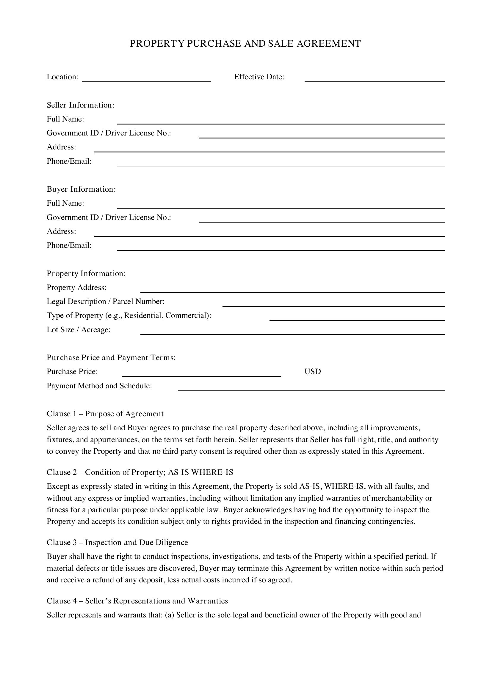 Property Agreement Template - US