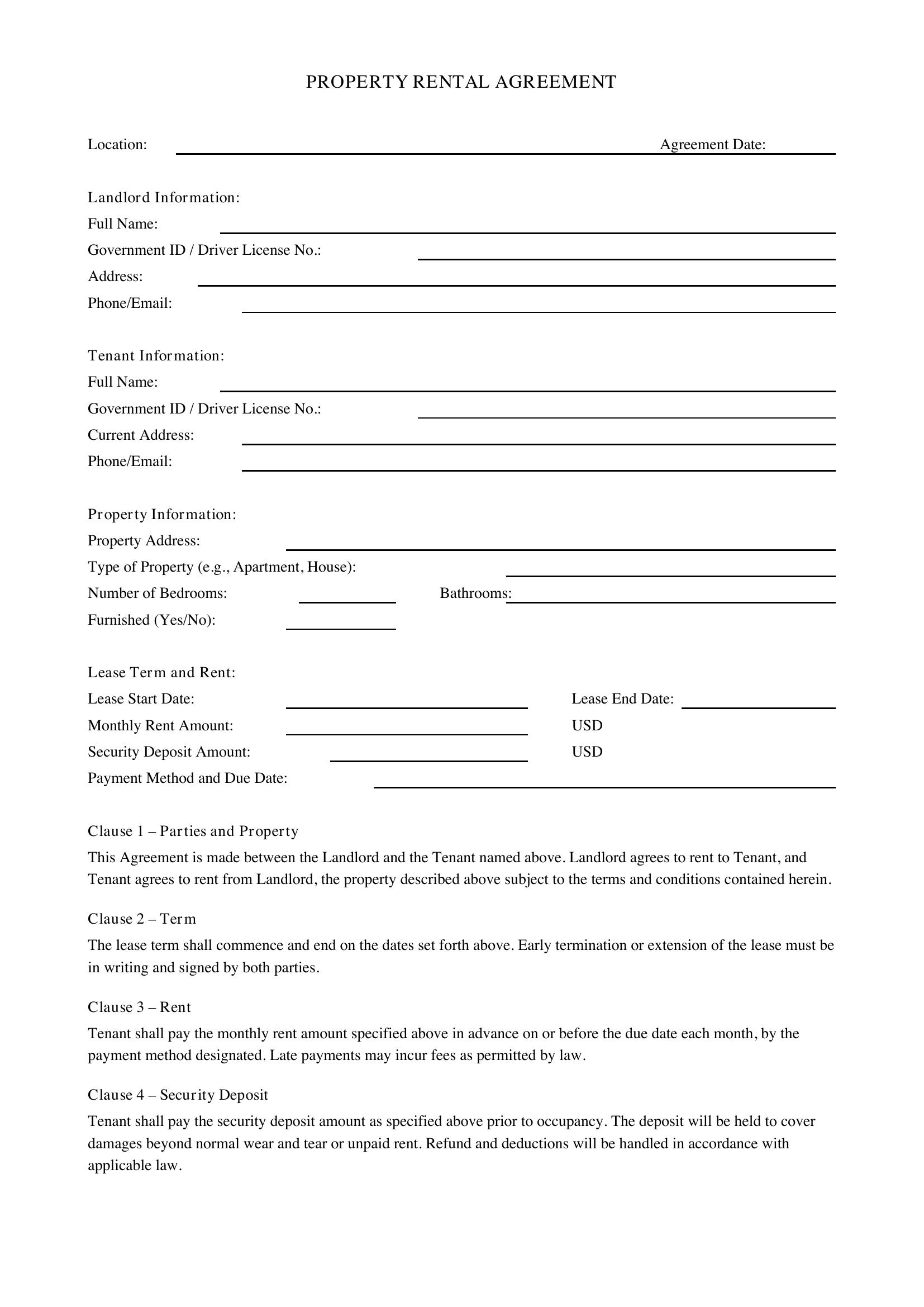 Property Rental Agreement Template - US