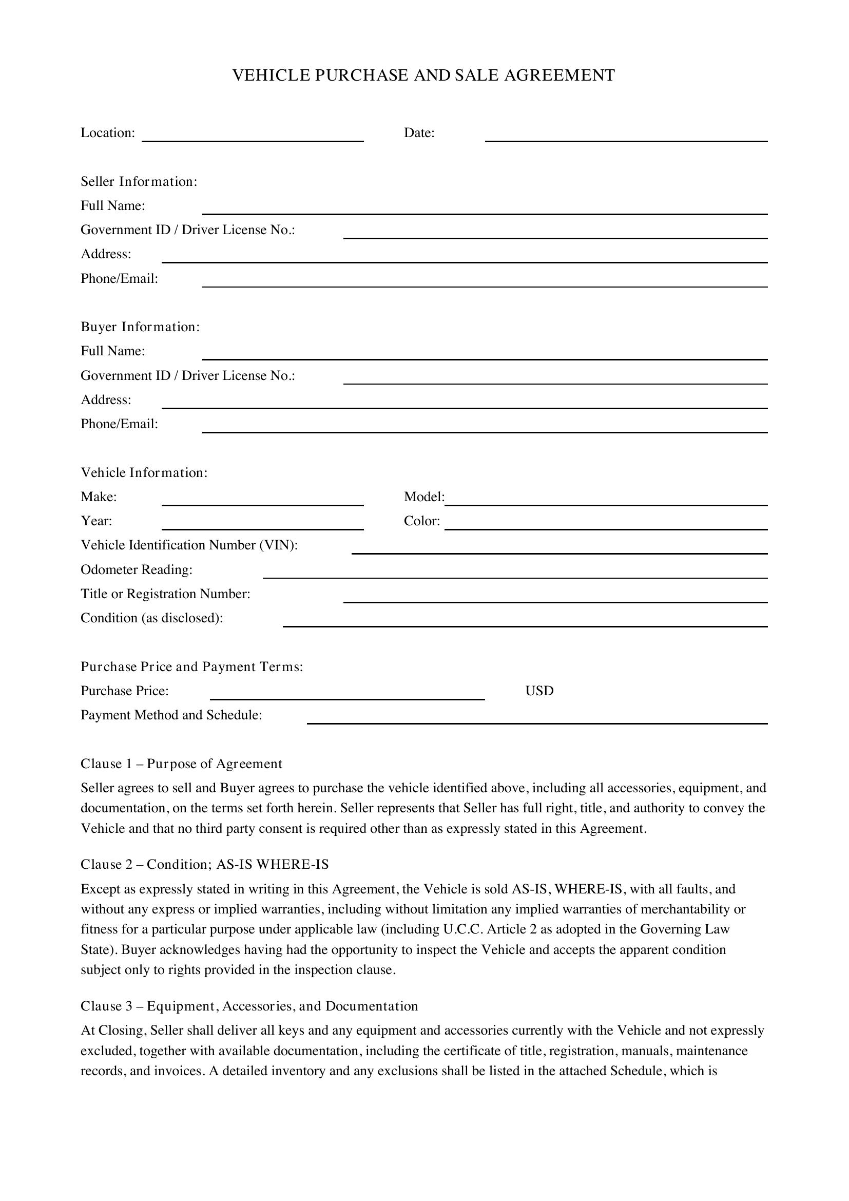 Purchase Agreement Car Template - US