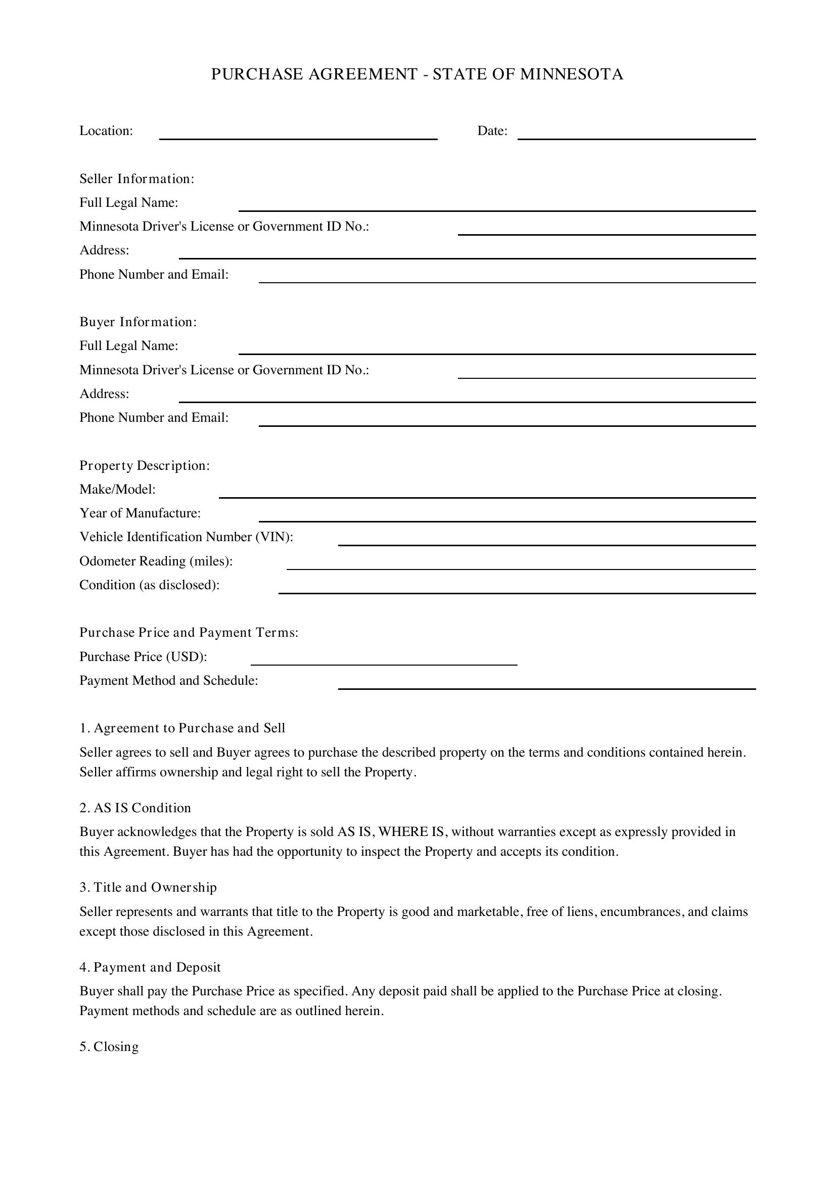 Purchase Agreement Minnesota Template - US