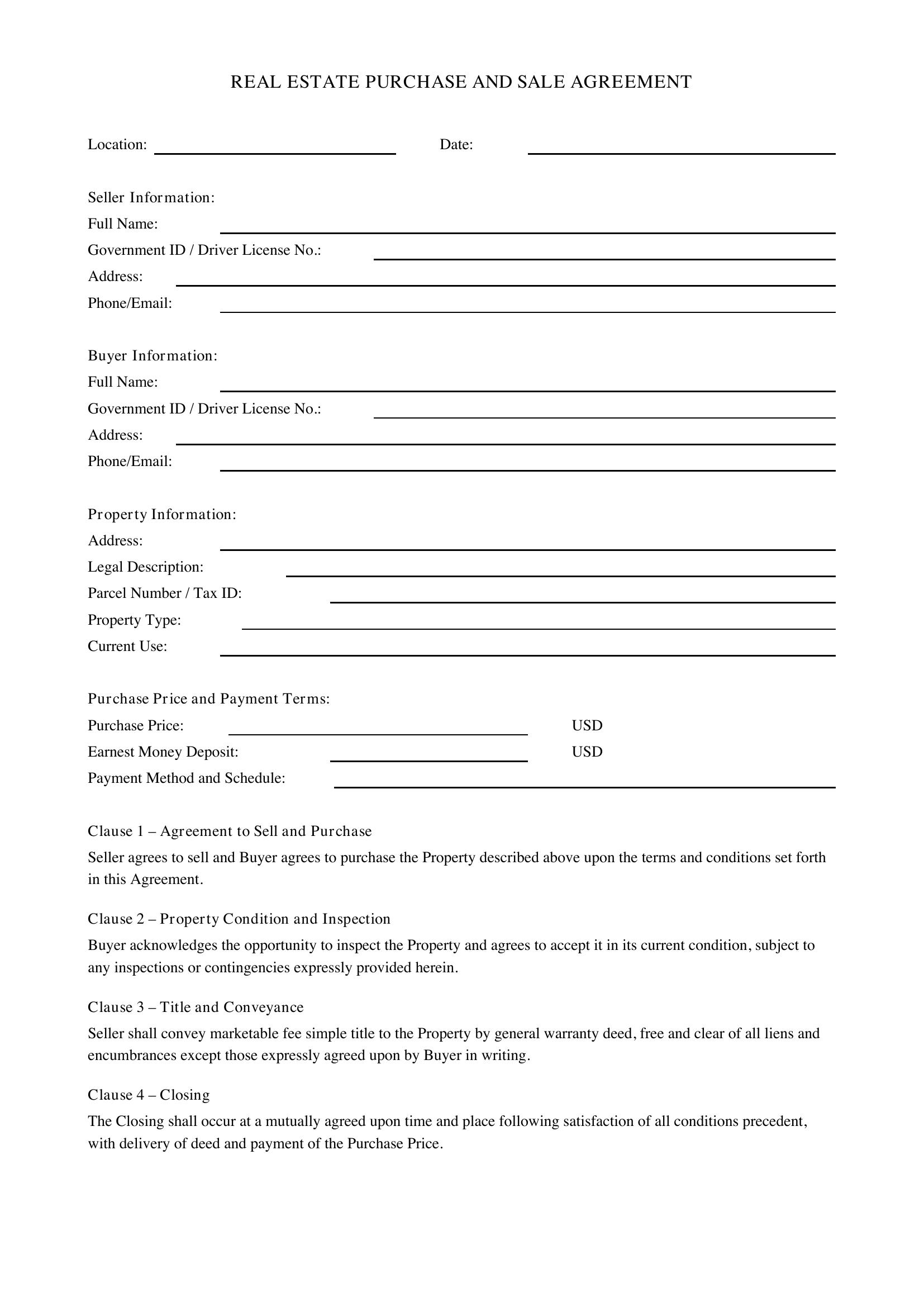 Real Estate Purchase And Sale Agreement Template - US