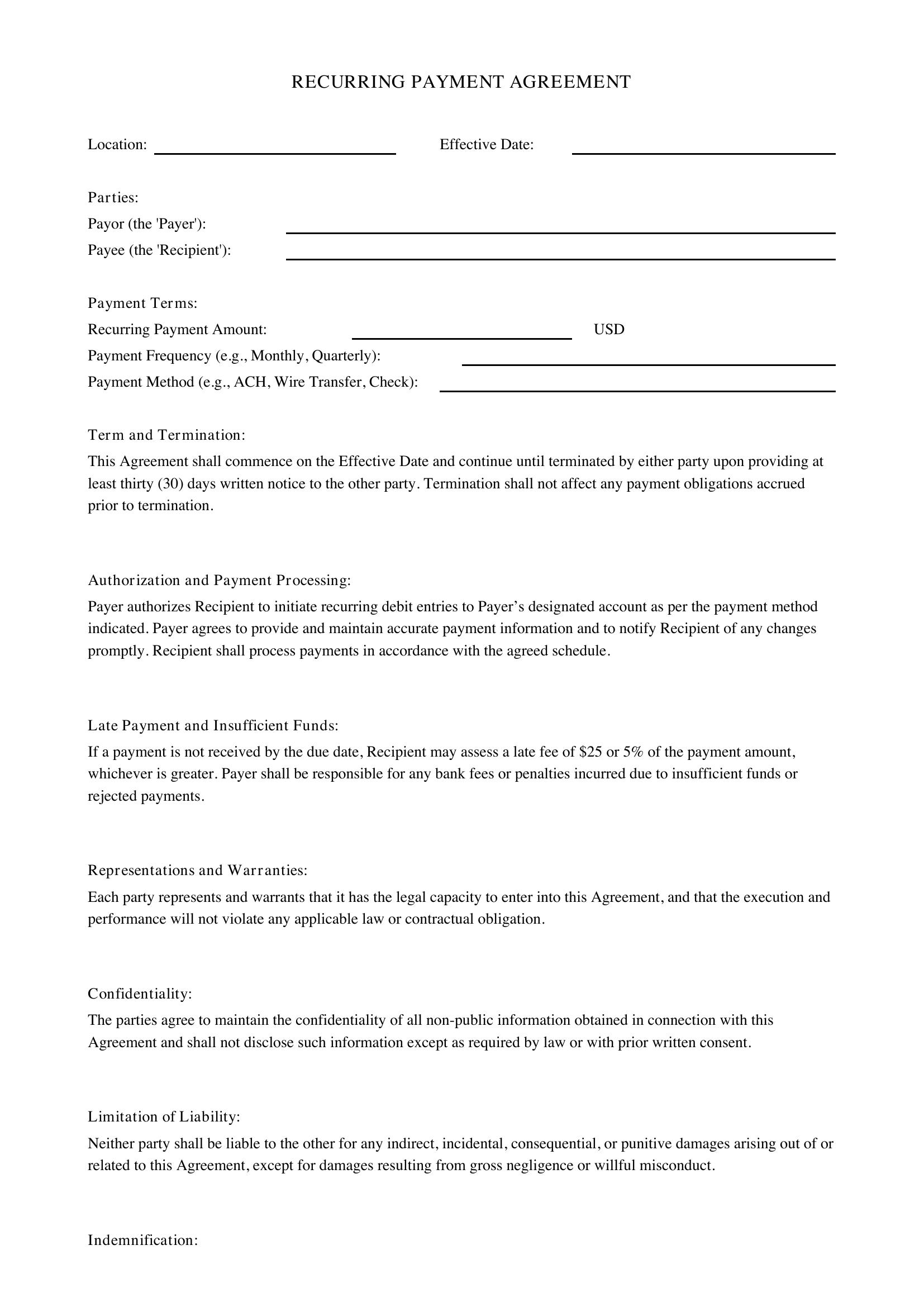 Recurring Payment Agreement Template - US