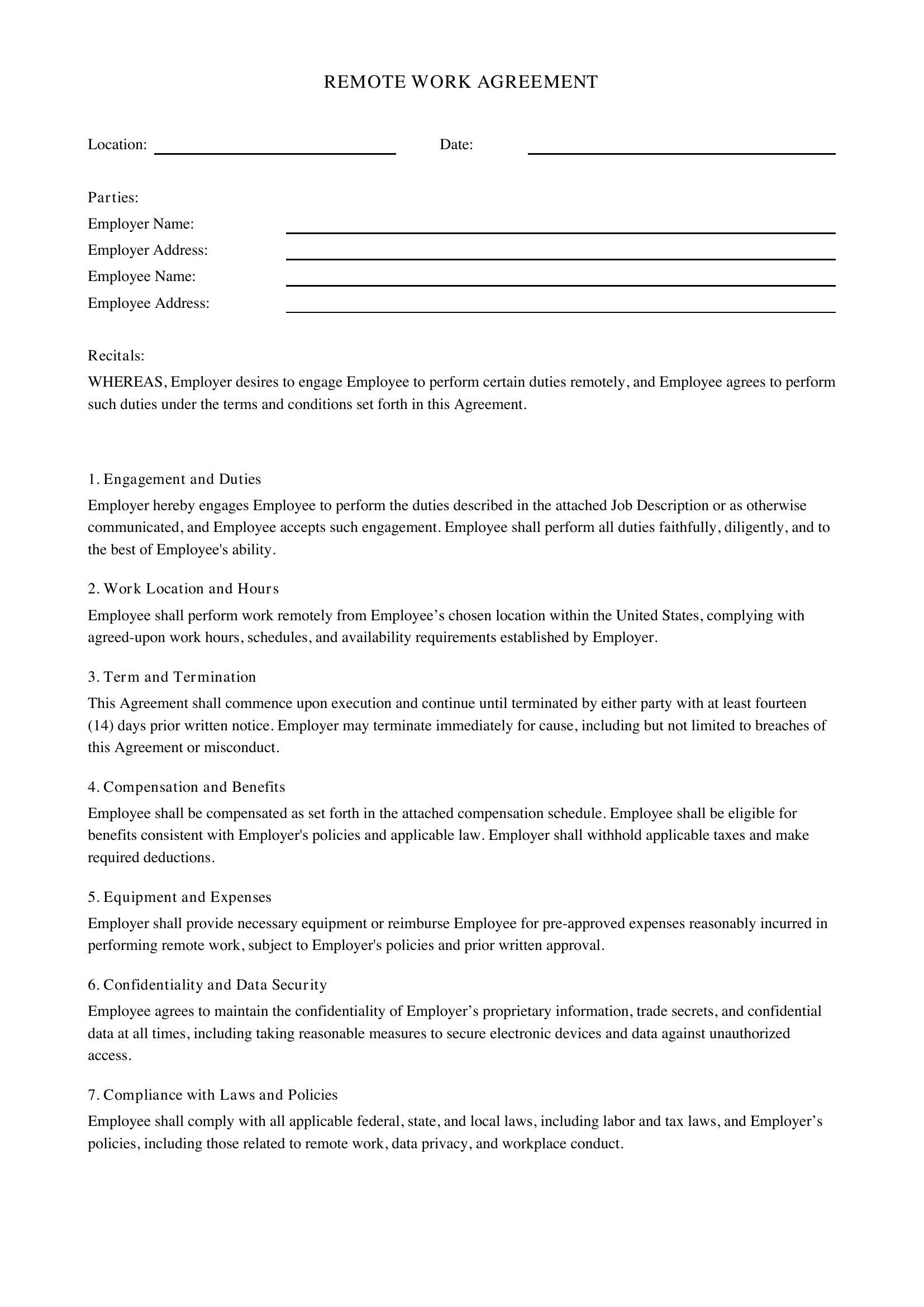 Remote Work Agreement Template - US