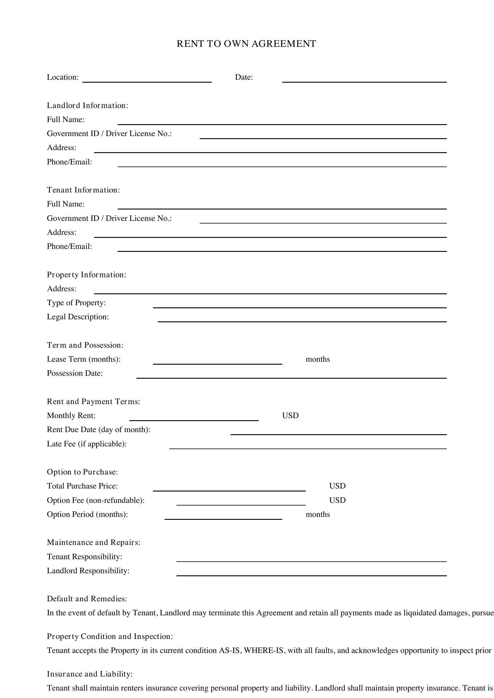 Rent To Own Agreement Template - US