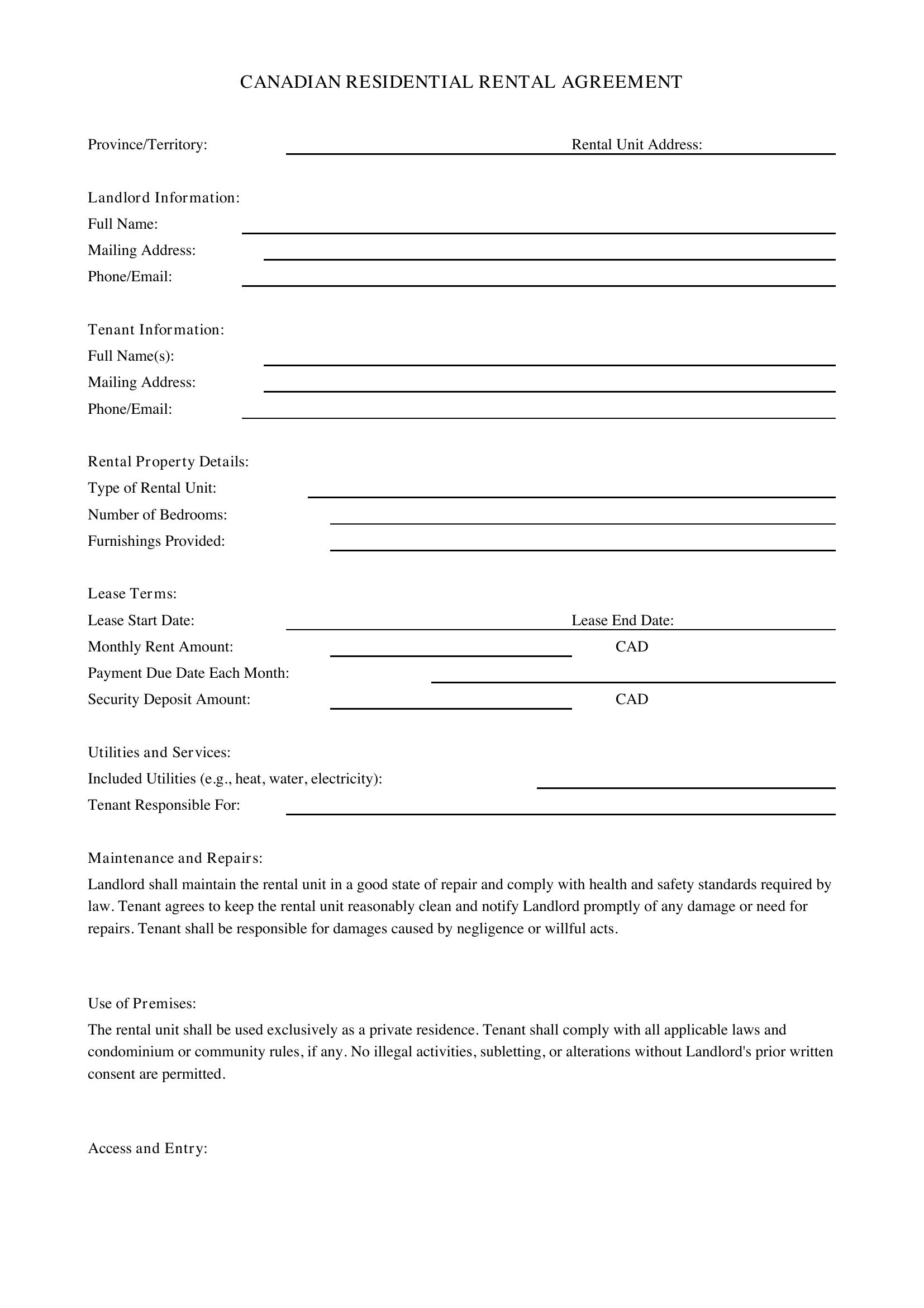 Rental Agreement Canada Template - US