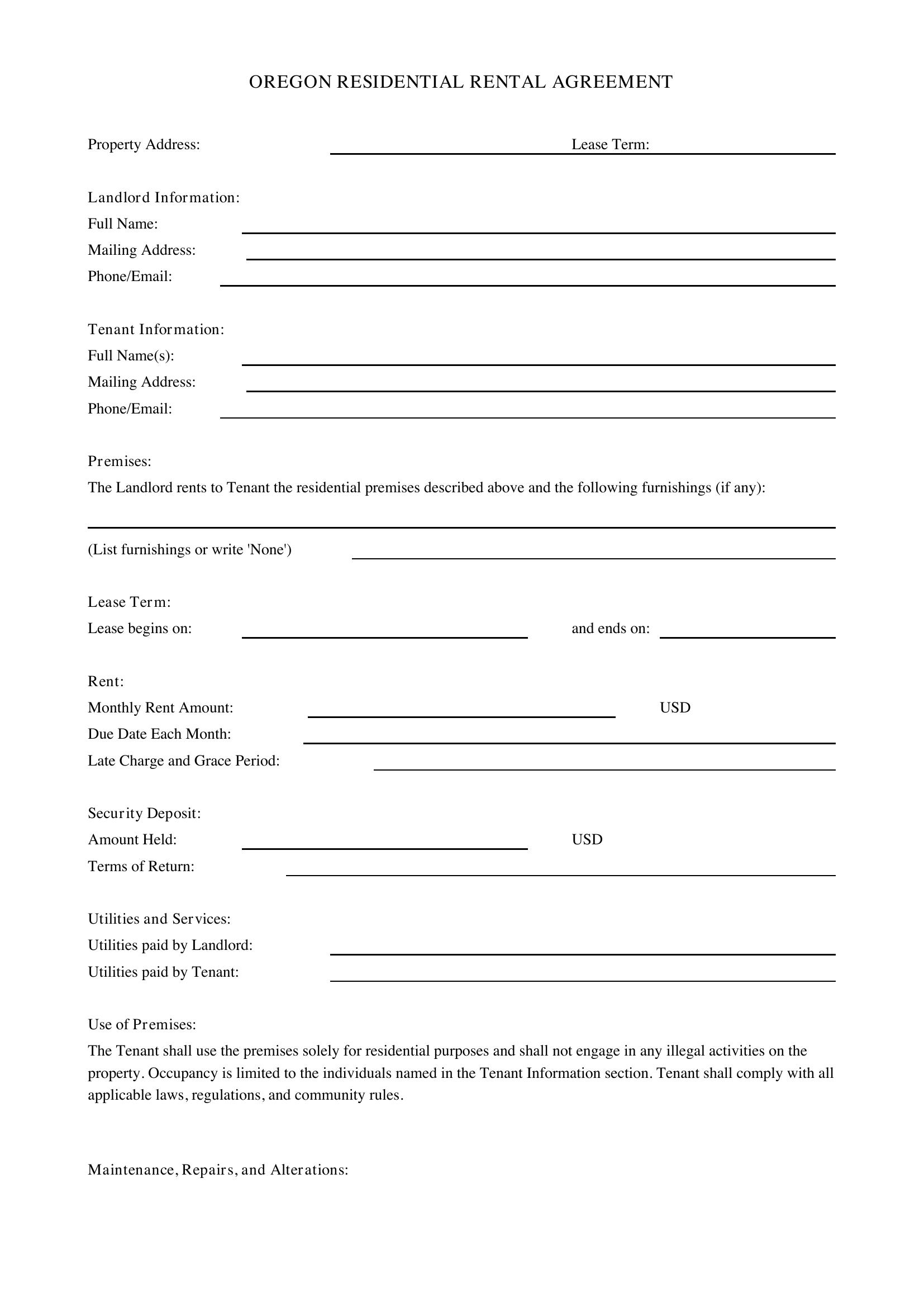 Rental Agreement Oregon Template - US