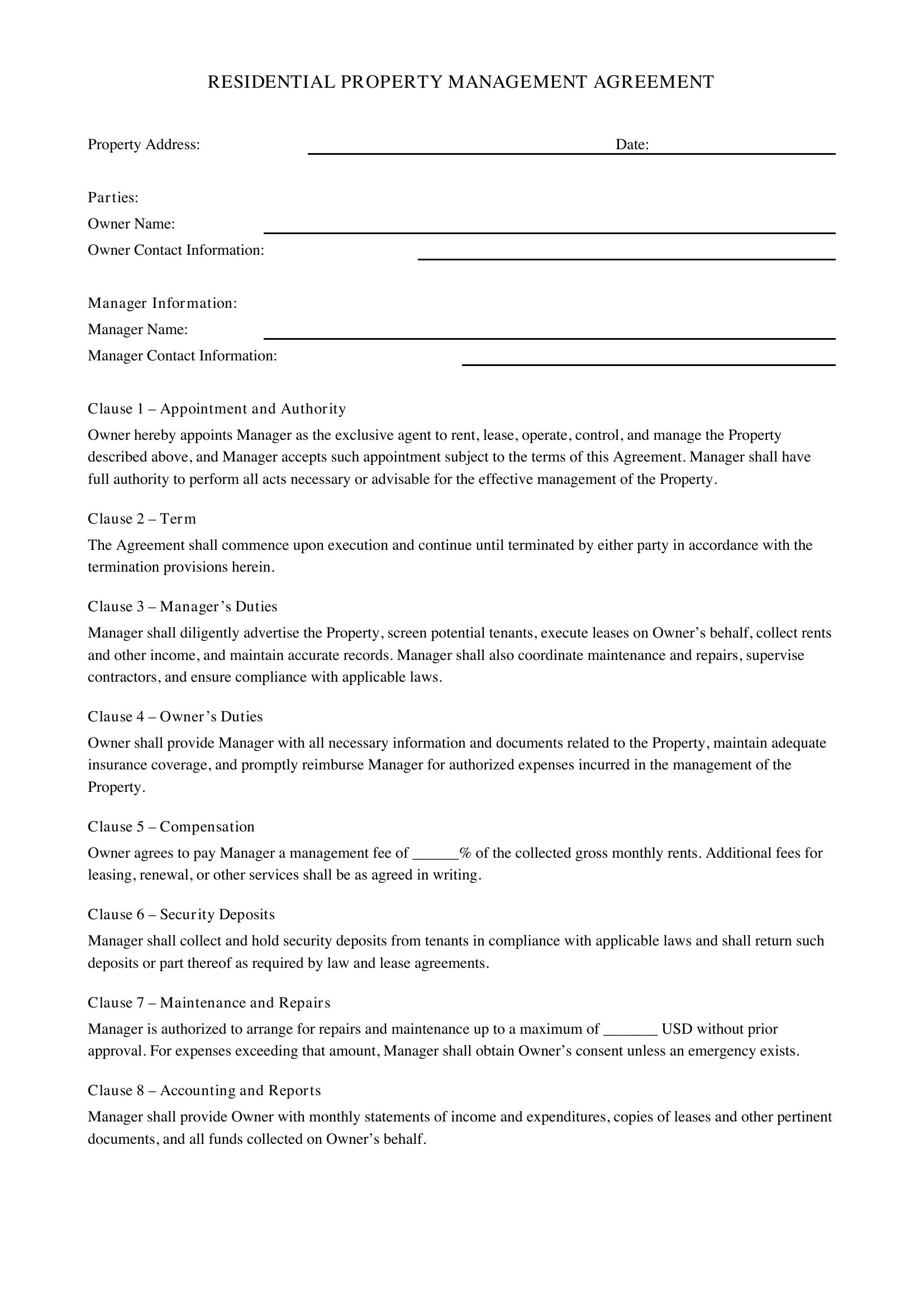 Residential Property Management Agreement Template - US