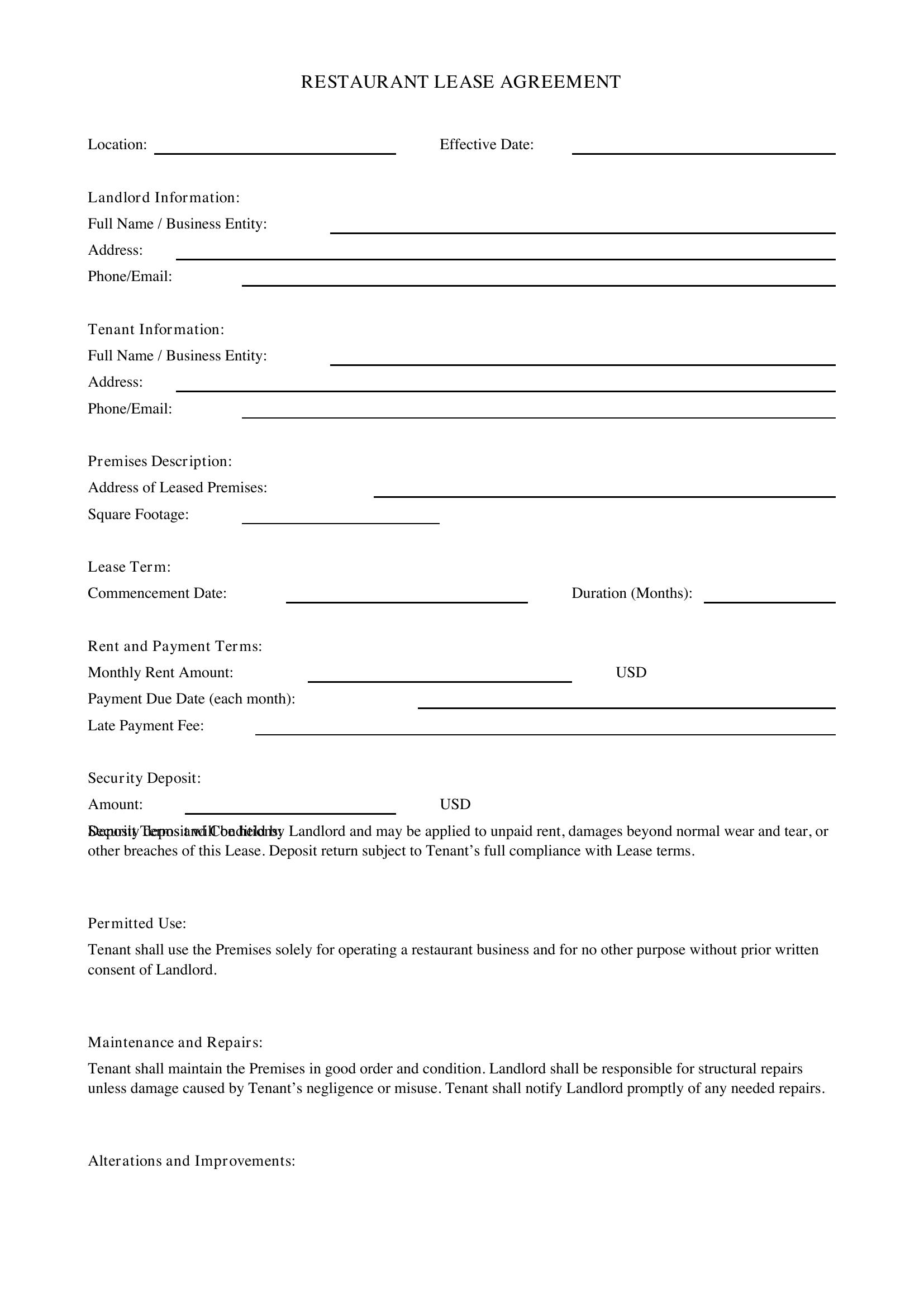 Restaurant Lease Agreement Template - US