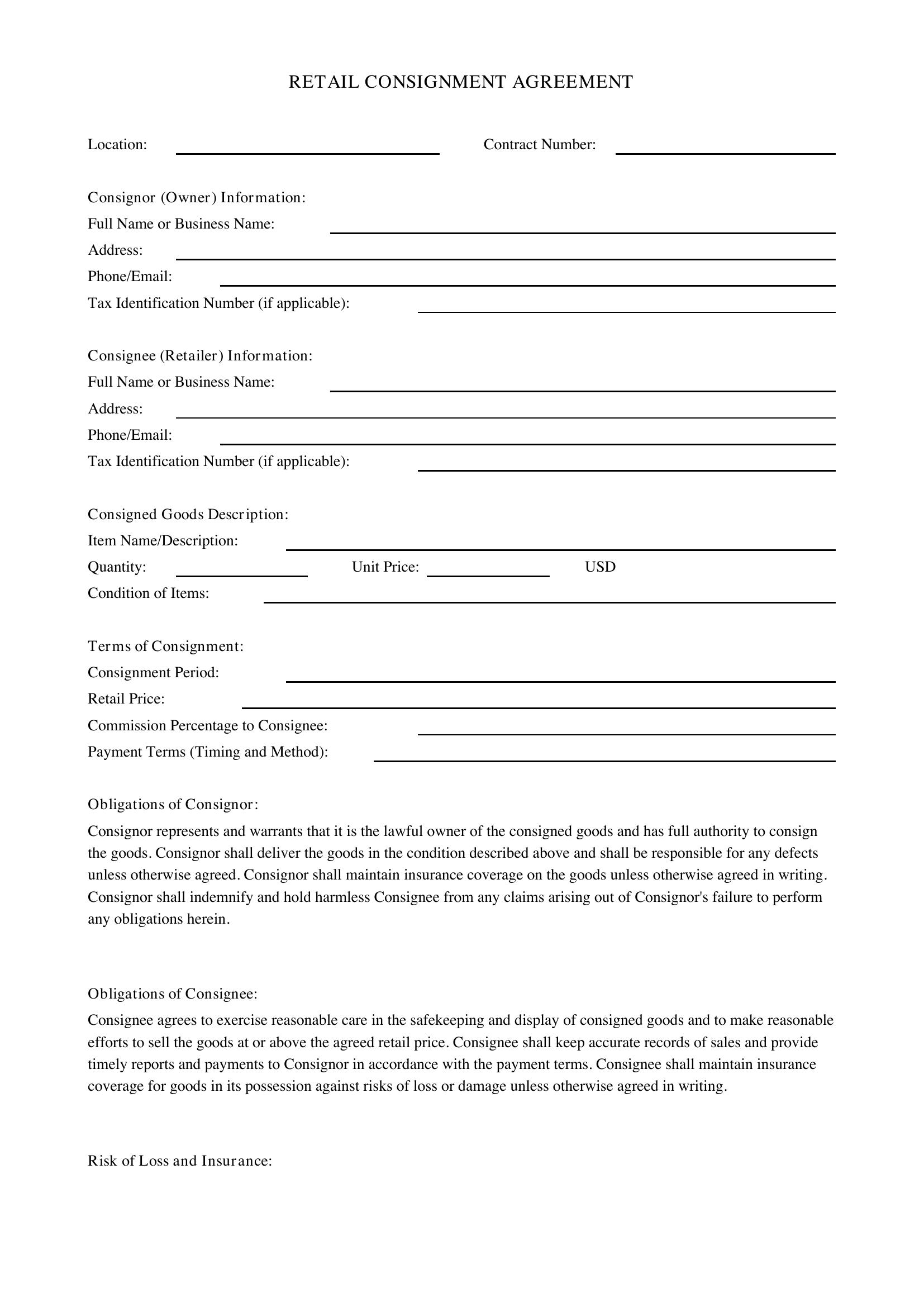 Retail Consignment Agreement Template - US